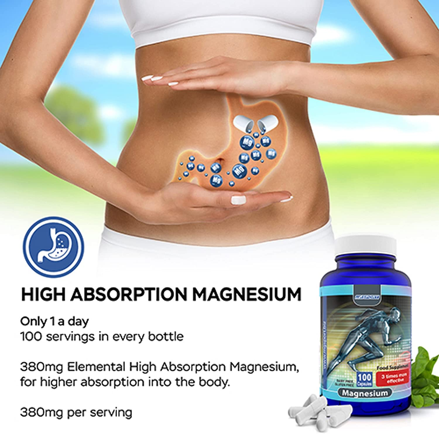 High Absorption Magnesium for Leg Cramps and Tensed Muscles, Muscle Relaxer with Vitamin B6, D and E, 380Mg Magnesium Oxide Monohydrate, 100 Servings