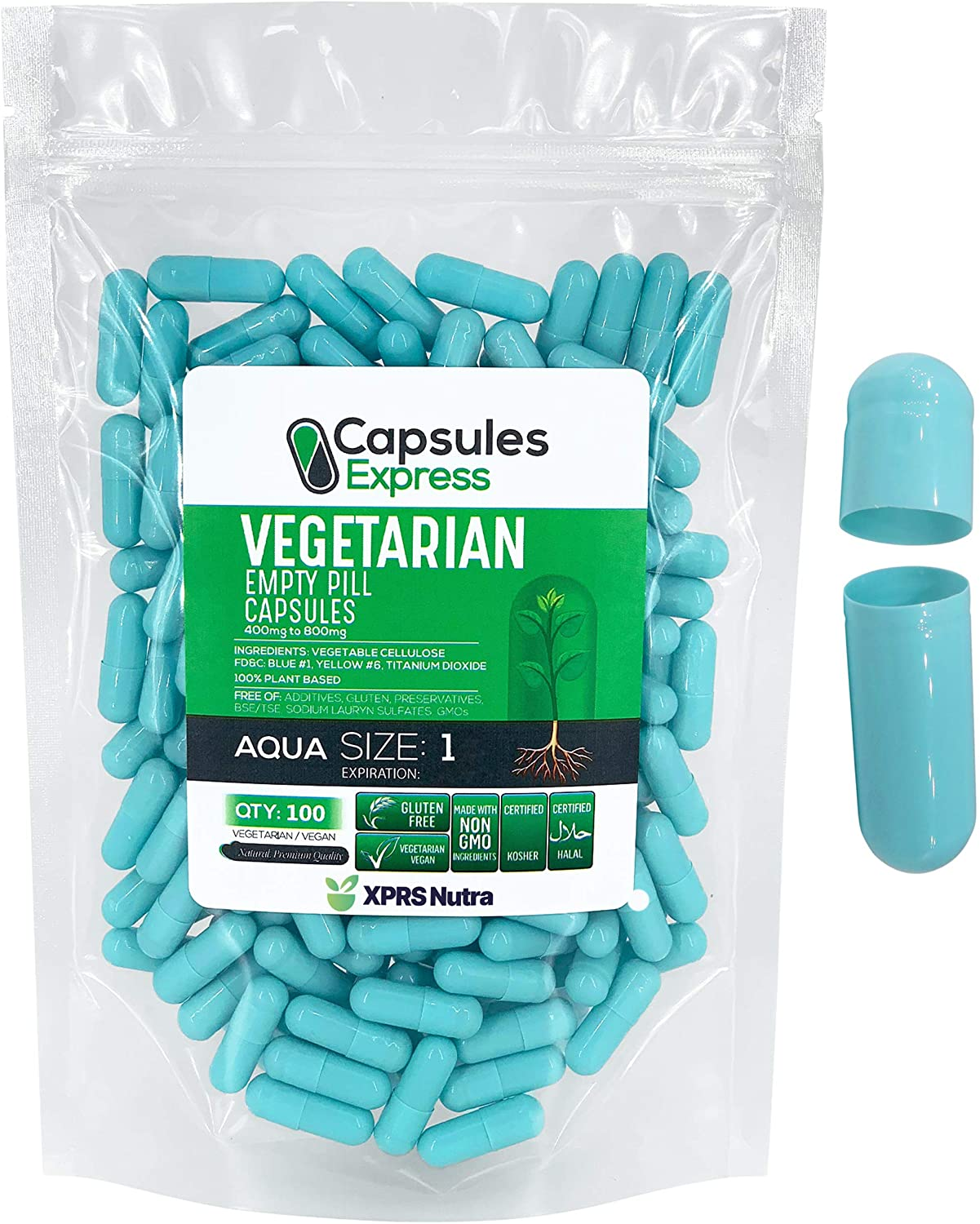 Size 1 Empty Capsules - 100 Count Empty Vegan Capsules - Vegetarian Empty Pill Capsules- DIY Vegetable Capsule Filling- Veggie Pill Capsules Empty Caps (Aqua)