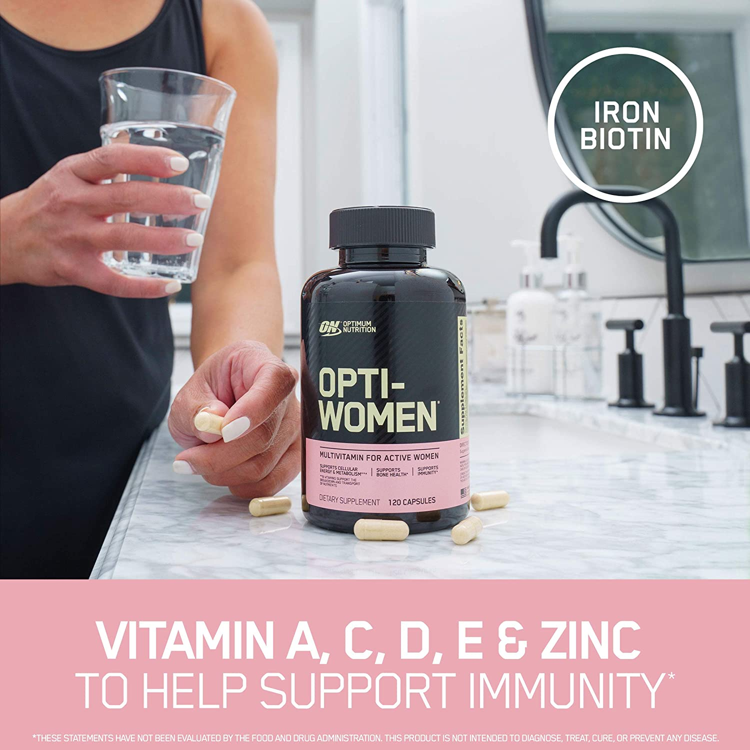 Opti-Women, Vitamin C, Zinc and Vitamin D for Immune Support Womens Daily Multivitamin Supplement with Iron, Capsules, 60 Count