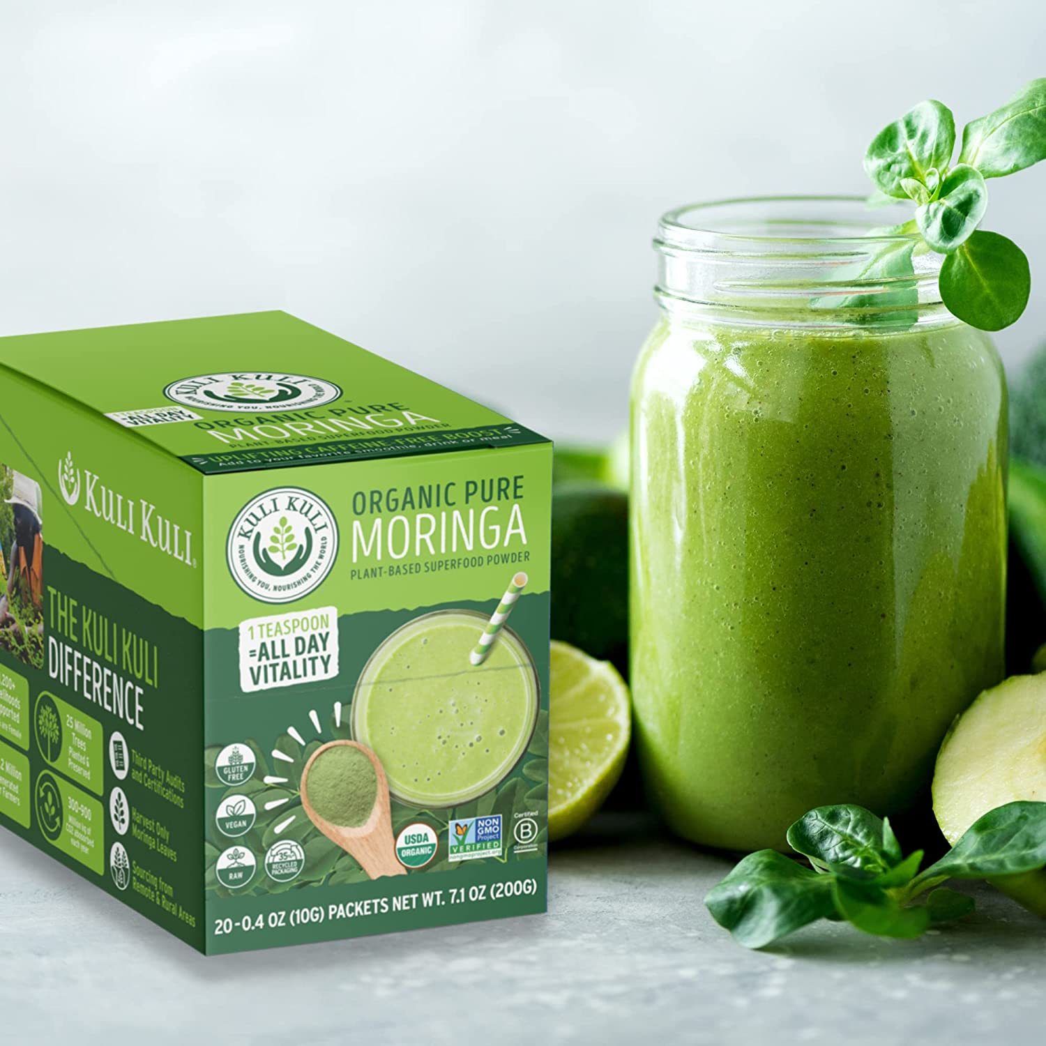 Moringa Oleifera Organic Leaf Powder & Green Smoothie, 100% Pure USDA Certified & Non-Gmo Moringa Powder, Great with Smoothies, Tea, and Food, 0.4 Ounce, Pack of 20 (KK_PM)