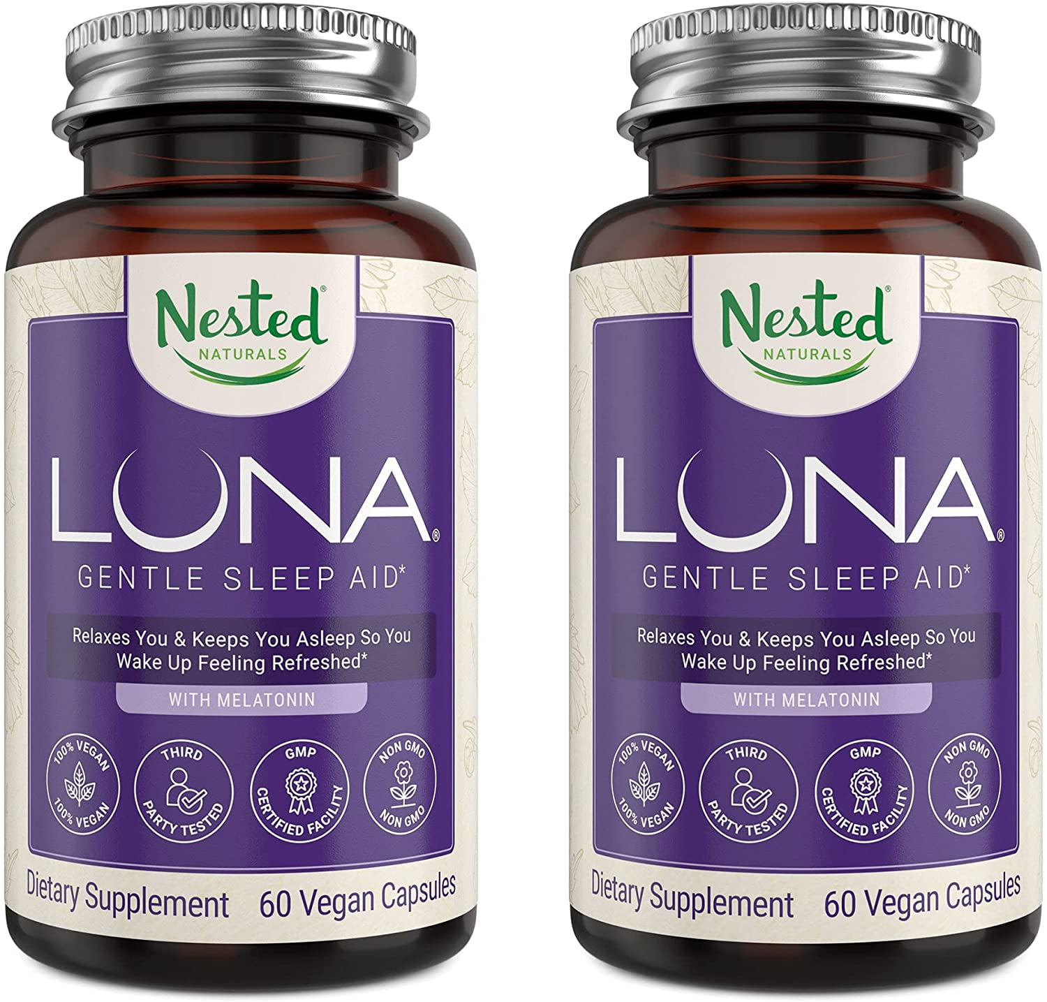 Luna | #1 Bedtime Supplement | Naturally Sourced Ingredients for Easier Bedtime | 60 Non-Habit Forming Vegan Capsules | Herbal Supplement with Melatonin, Valerian Root, Chamomile Non-Gmo (Luna 2 Pack)