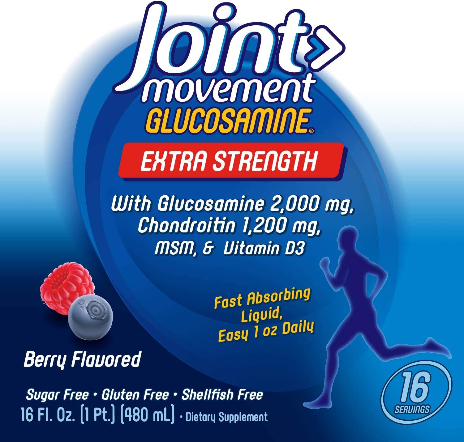 Joint Movement Glucosamine Fast Absorbing, 16 Day Supply, 16 Ounces (480 Ml), Natural Berry (Packaging May Vary)