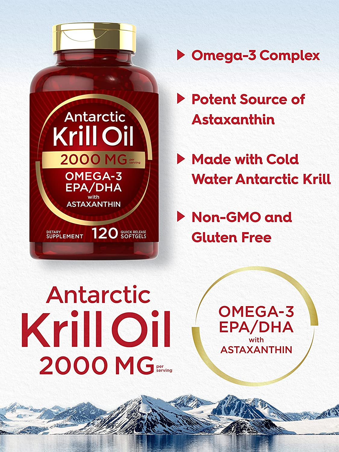 Antarctic Krill Oil 2000 Mg 120 Softgels | Omega-3 EPA, DHA, with Astaxanthin Supplement Sourced from Red Krill | Maximum Strength | Laboratory Tested