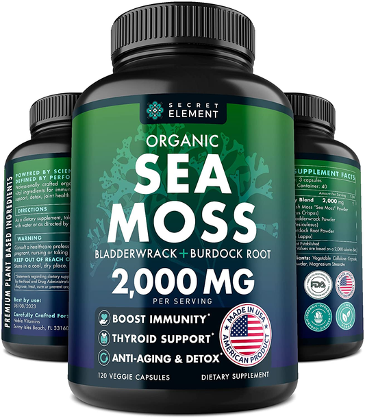 Organic Sea Moss Capsules - Burdock Root, Irish Moss and Bladderwrack Capsules - Immune System, Gut Cleanse & Thyroid Supplement - 120 Irish Seamoss Pills with All-Natural Sea Moss Powder