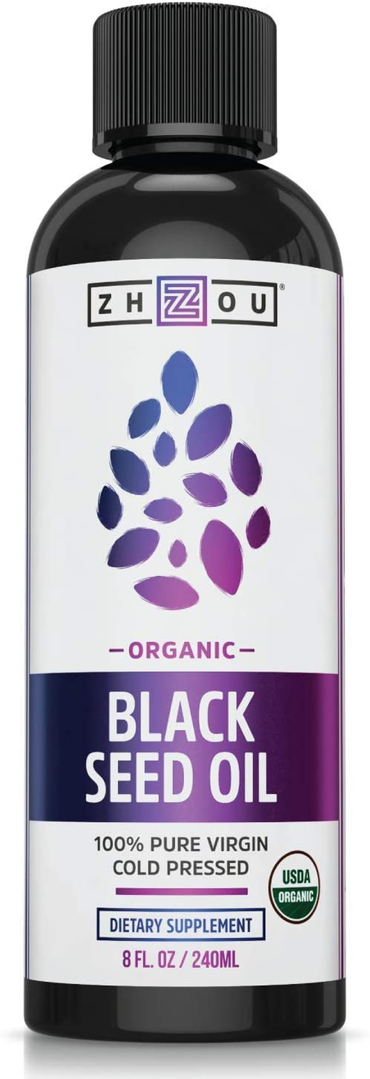 Zhou Organic Black Seed Oil | 100% Virgin Cold Pressed Omega 3 6 9 | Super Antioxidant for Immune Support, Joints, Digestion, Hair & Skin | Vegan, Gluten-Free, Non-Gmo | 8Oz