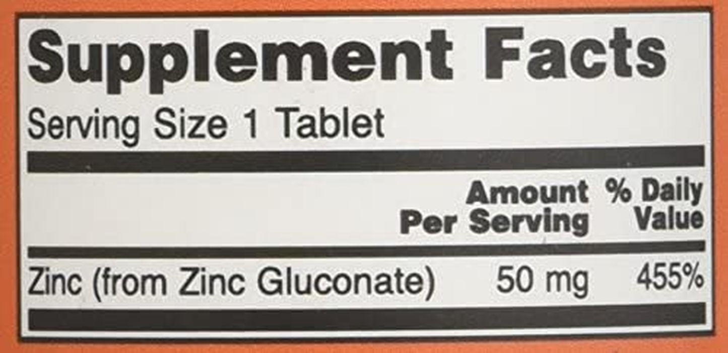 Supplements, Zinc (Zinc Gluconate) 50 Mg, Supports Enzyme Functions*, Immune Support*, 100 Tablets