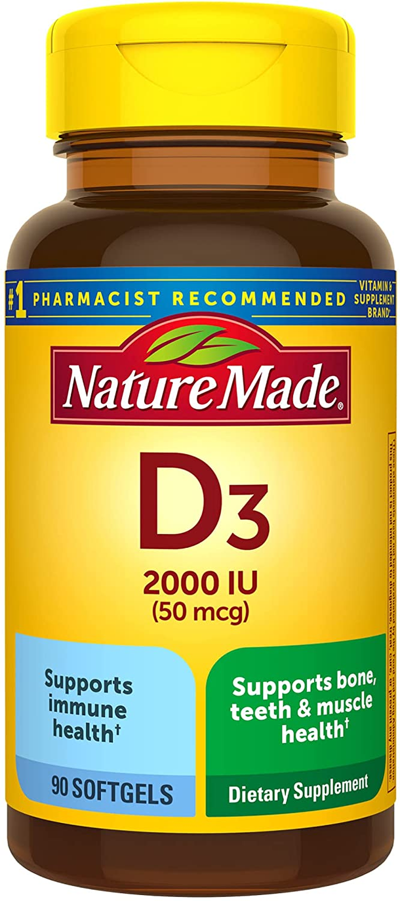 Vitamin D3, 90 Softgels, Vitamin D 2000 IU (50 Mcg) Helps Support Immune Health, Strong Bones and Teeth, & Muscle Function, 250% of the Daily Value for Vitamin D in One Daily Softgel