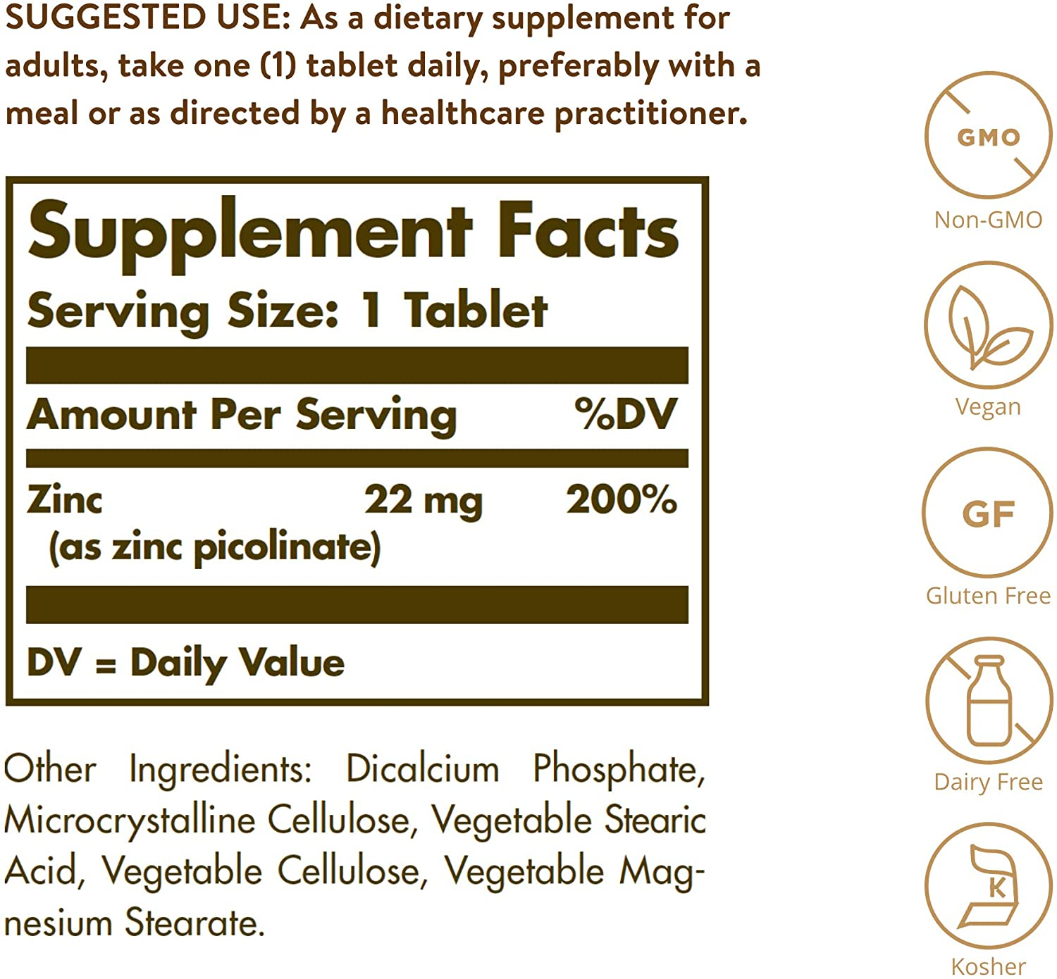 Zinc Picolinate 22 Mg, 100 Tablets - Promotes Healthy Skin - Supports Immune System, Normal Taste & Vision - Antioxidant - Non GMO, Vegan, Gluten Free, Dairy Free, Kosher - 100 Servings