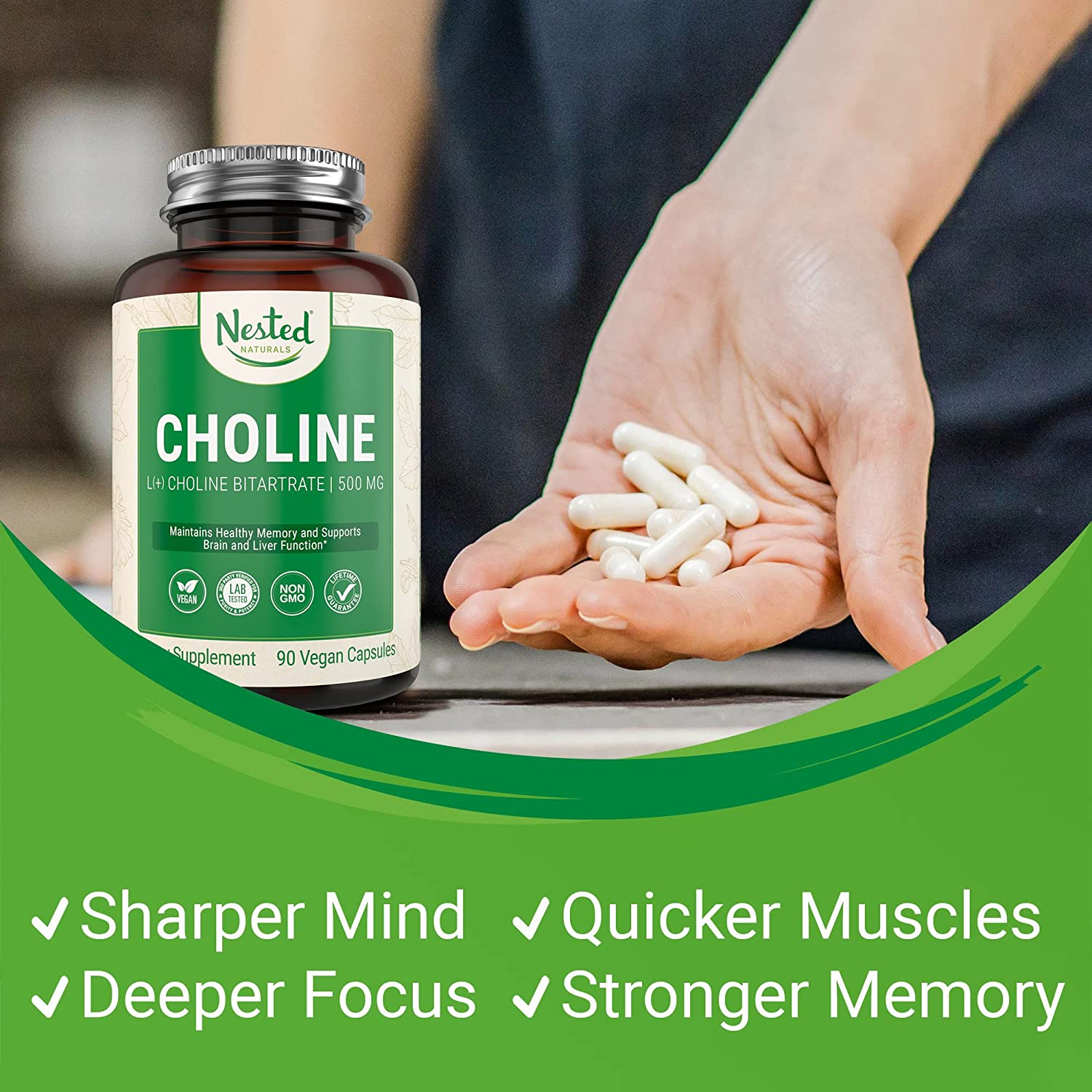 Choline Bitartrate 500Mg | Supports Cognitive Function | 100% Vegan & Non-Gmo Choline