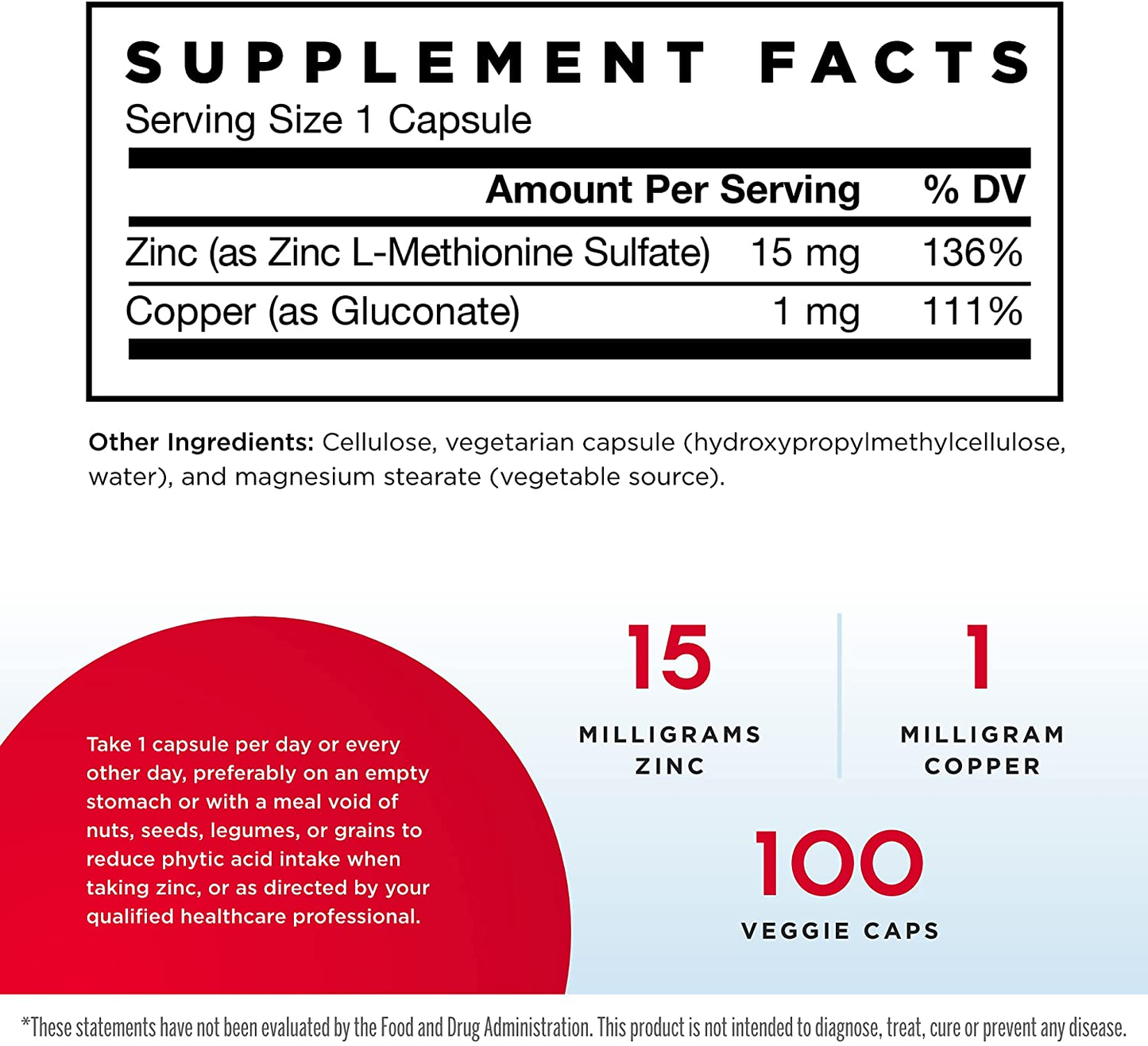 Zinc Balance 15 Mg, Immune Support, Includes Copper, White, 100 Count