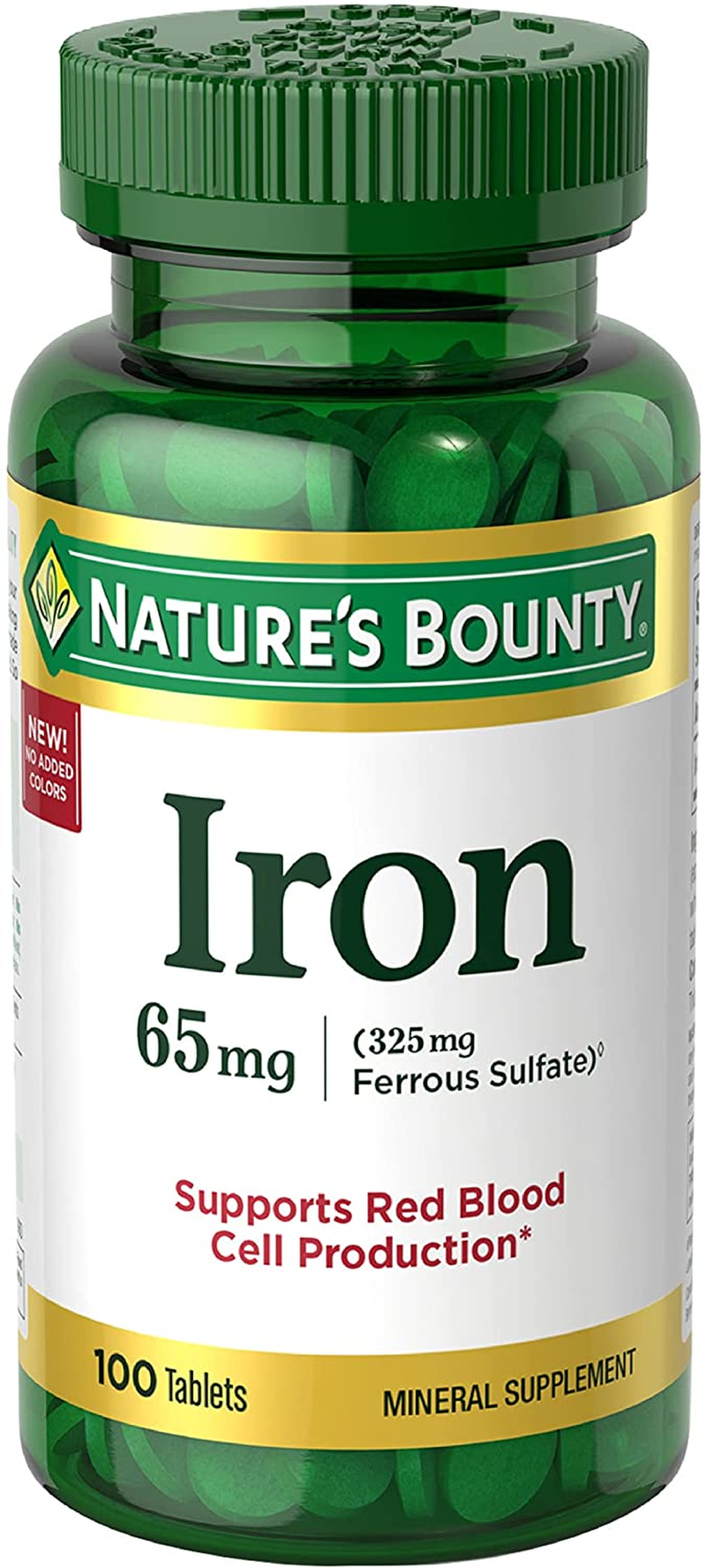 Nature’S Bounty Iron 65Mg, 325 Mg Ferrous Sulfate, Cellular Energy Support, Promotes Normal Red Blood Cell Production, 100 Tablets