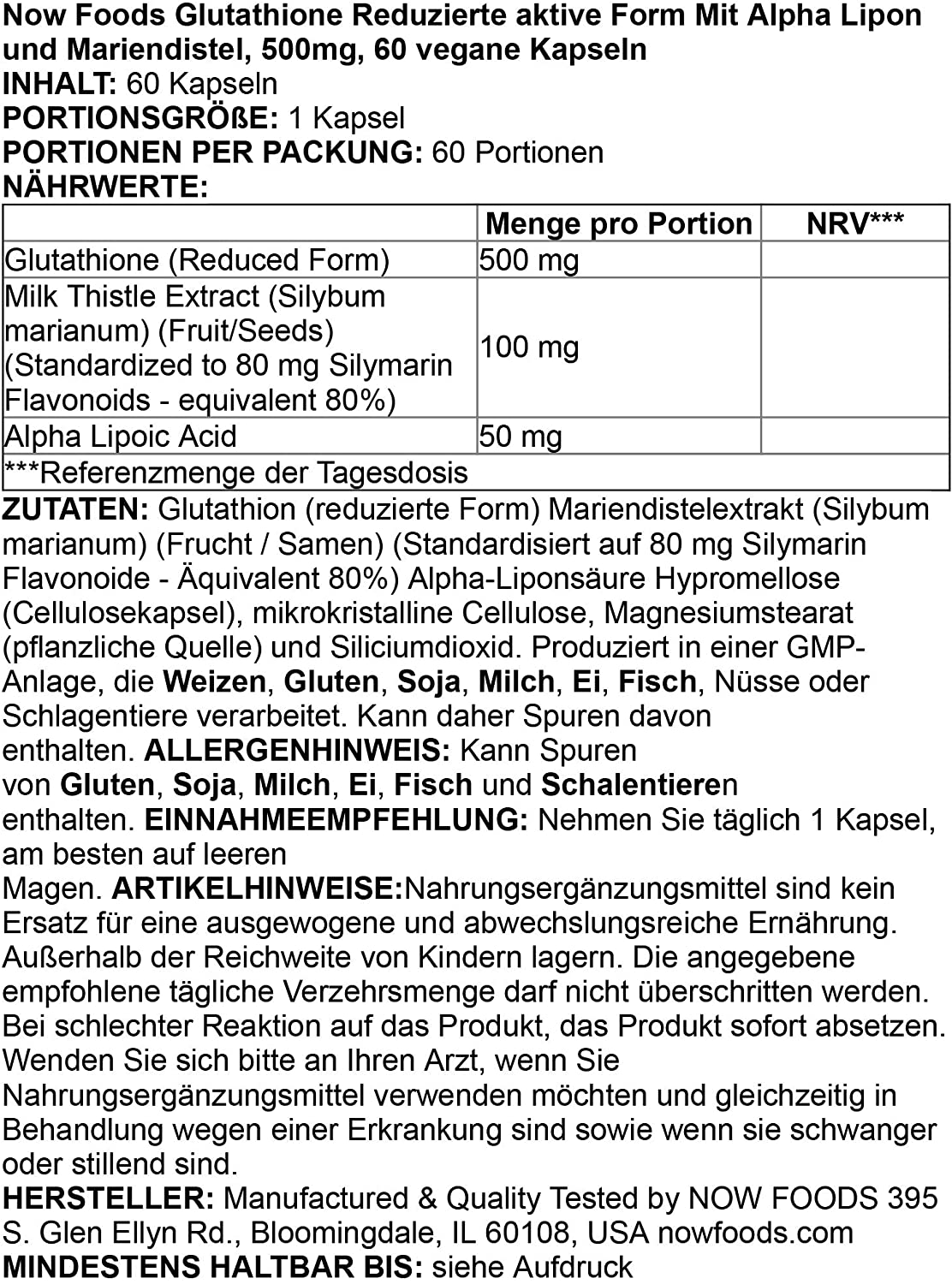 Supplements, Glutathione 500 Mg, with Milk Thistle Extract & Alpha Lipoic Acid, Free Radical Neutralizer*, 60 Veg Capsules