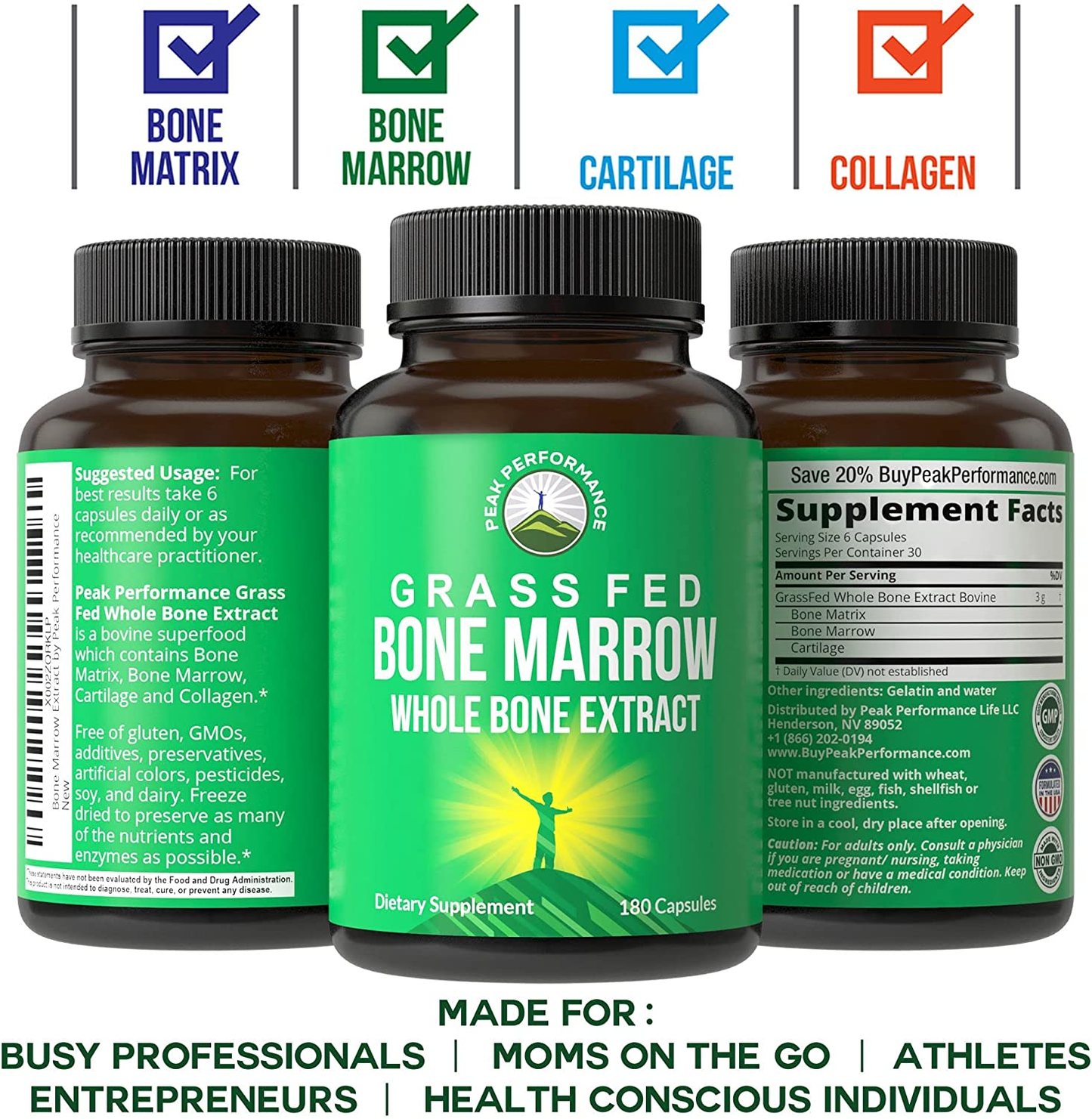 Grass Fed Bone Marrow - Whole Bone Extract Supplement 180 Capsules by Peak Performance. Superfood Pills Rich in Collagen, Vitamins, Amino Acids. from Bone Matrix, Marrow, Cartilage. Ancestral Tablets