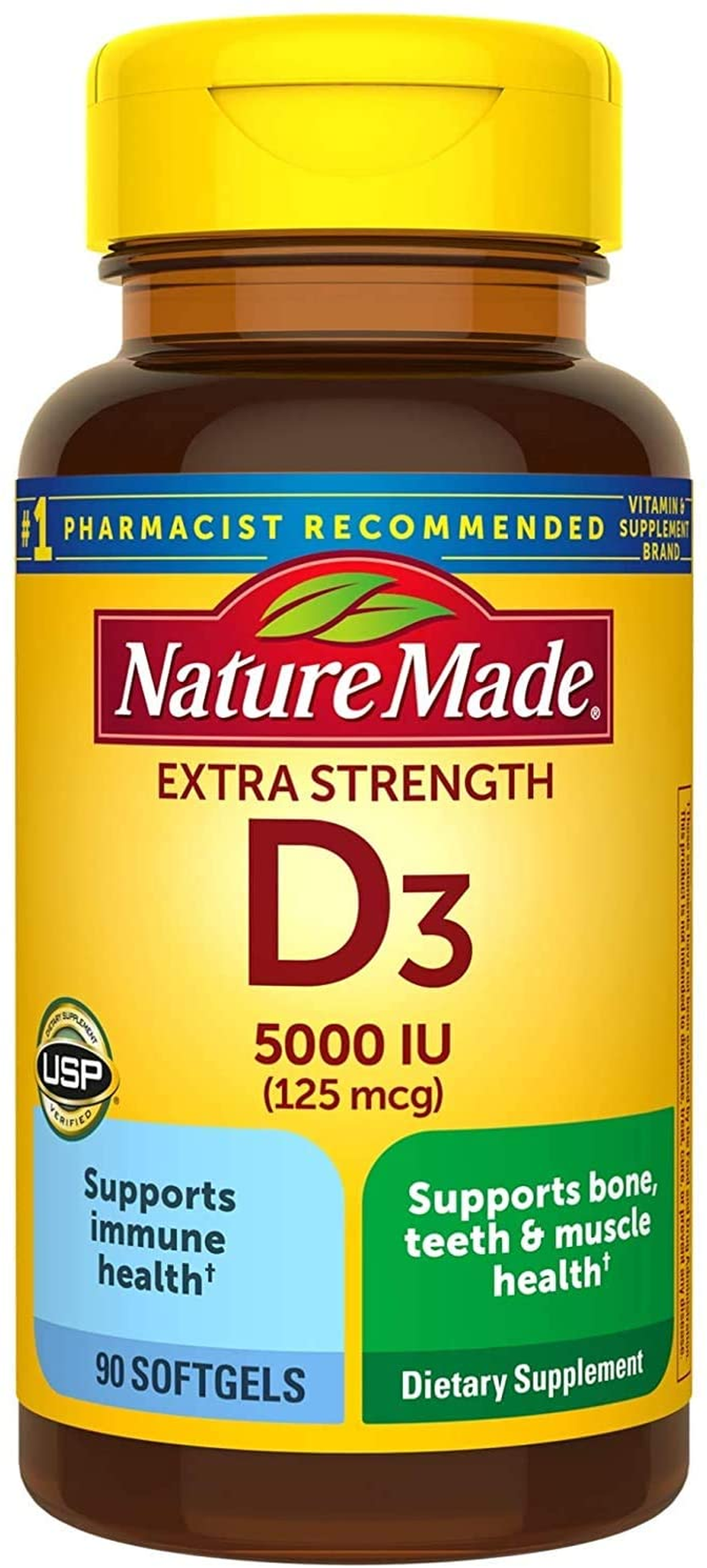 Extra Strength Vitamin D3 5000 IU (125 Mcg), Dietary Supplement for Immune Support, 90 Softgels, 90 Day Supply