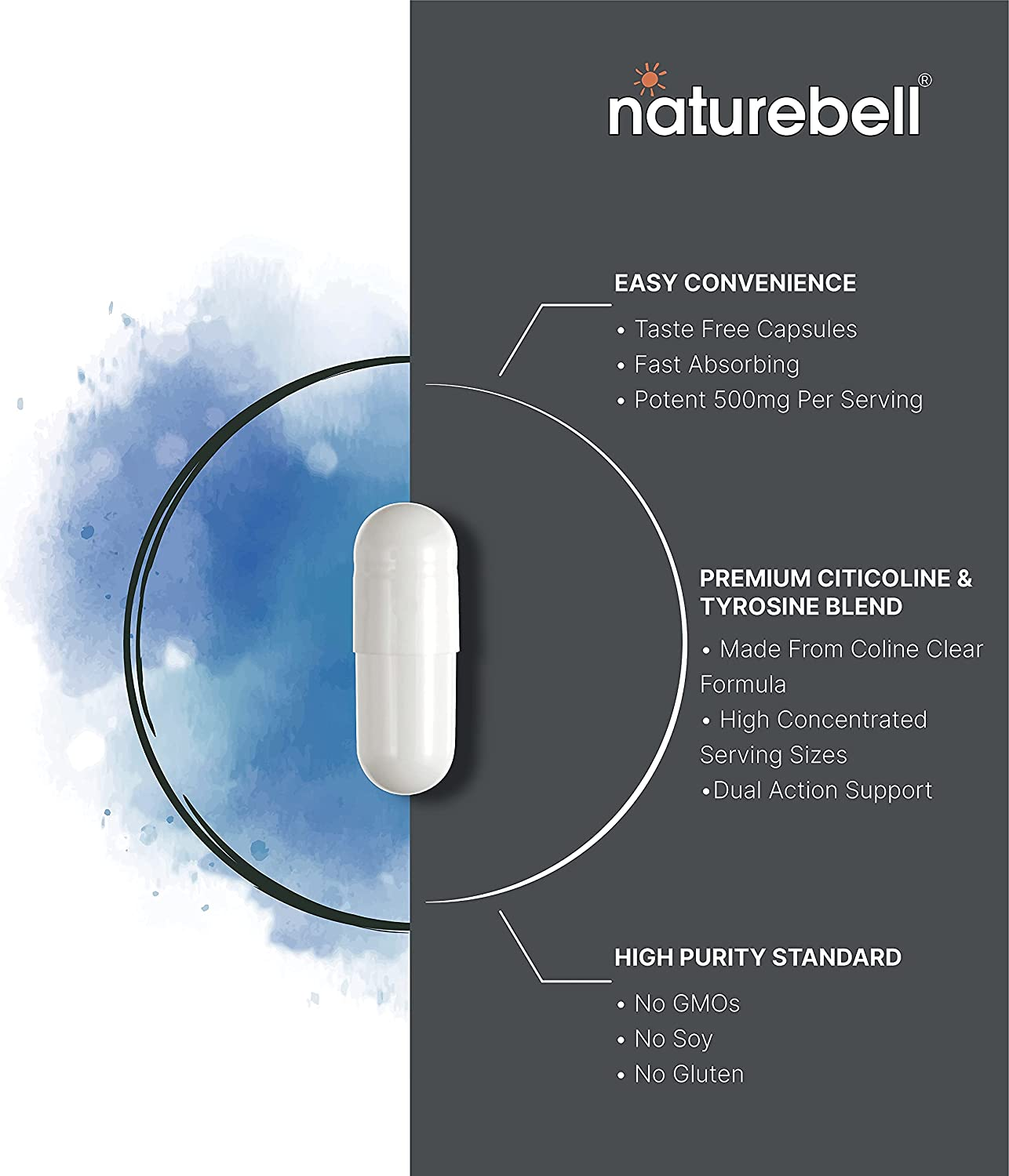 Citicoline Supplements, CDP Choline, Citicoline 500Mg plus Tyrosine 50Mg per Serving, Optimized Dosage, 120 Capsules, 2 in 1 Formula, Dual Action Brain Supplement, Non-Gmo