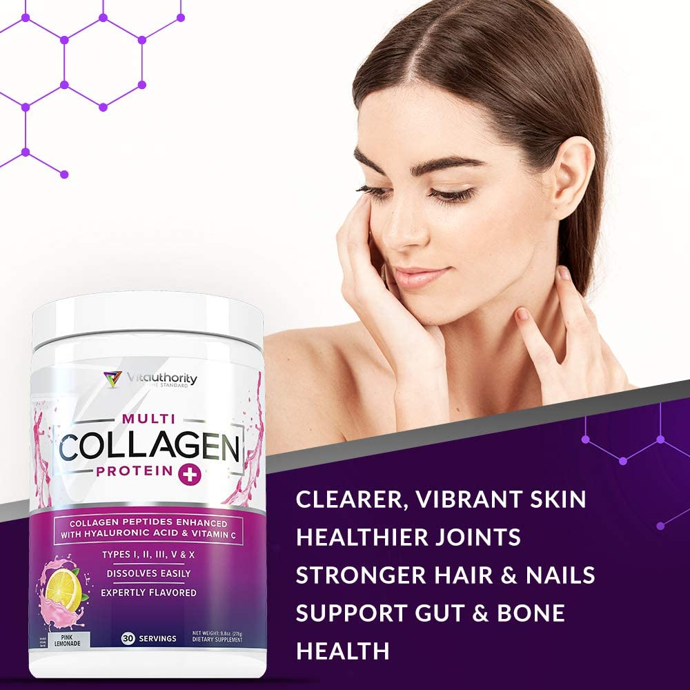 Multi Collagen Peptides plus Hyaluronic Acid and Vitamin C, Hydrolyzed Collagen Protein, Types I, II, III, V and X Collagen, Pink Lemonade Flavor