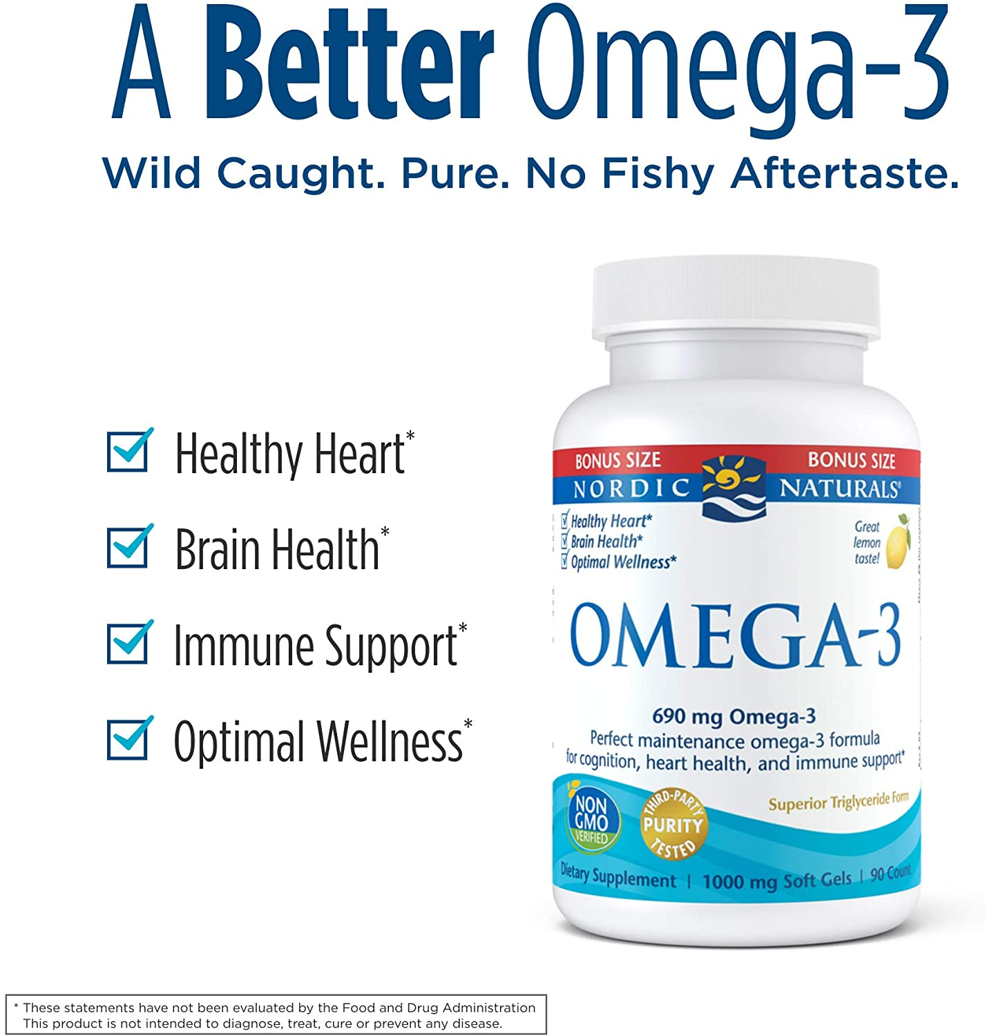 Omega-3, Lemon Flavor - 690 Mg Omega-3-90 Soft Gels - Fish Oil - EPA & DHA - Immune Support, Brain & Heart Health, Optimal Wellness - Non-Gmo - 45 Servings