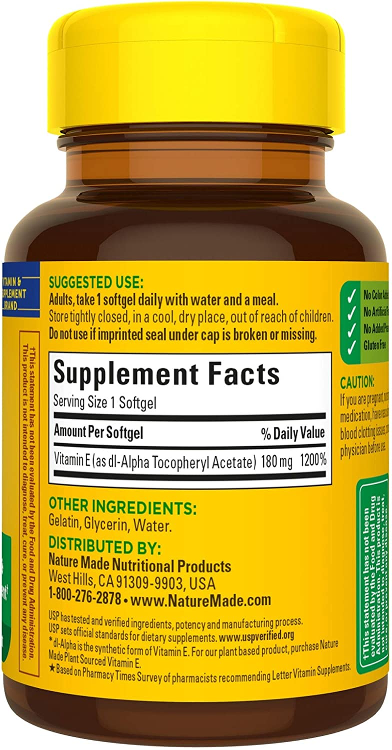 Vitamin E 180 Mg (400 IU) Dl-Alpha, Dietary Supplement for Antioxidant Support, 100 Softgels, 100 Day Supply