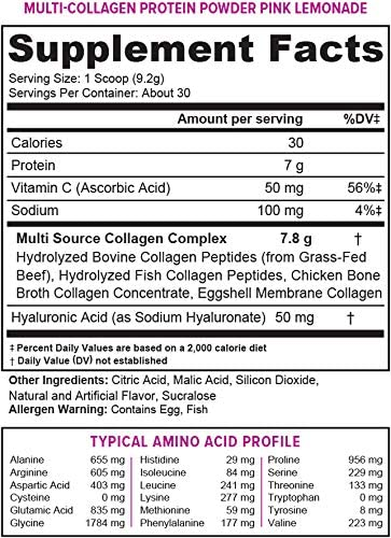 Multi Collagen Peptides plus Hyaluronic Acid and Vitamin C, Hydrolyzed Collagen Protein, Types I, II, III, V and X Collagen, Pink Lemonade Flavor