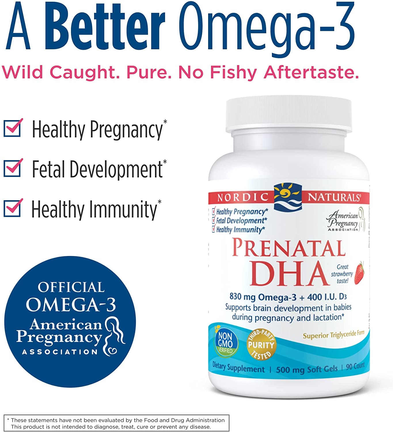 Prenatal DHA, Strawberry - 830 Mg Omega-3 + 400 IU Vitamin D3-90 Soft Gels - Supports Brain Development in Babies during Pregnancy & Lactation - Non-Gmo - 45 Servings