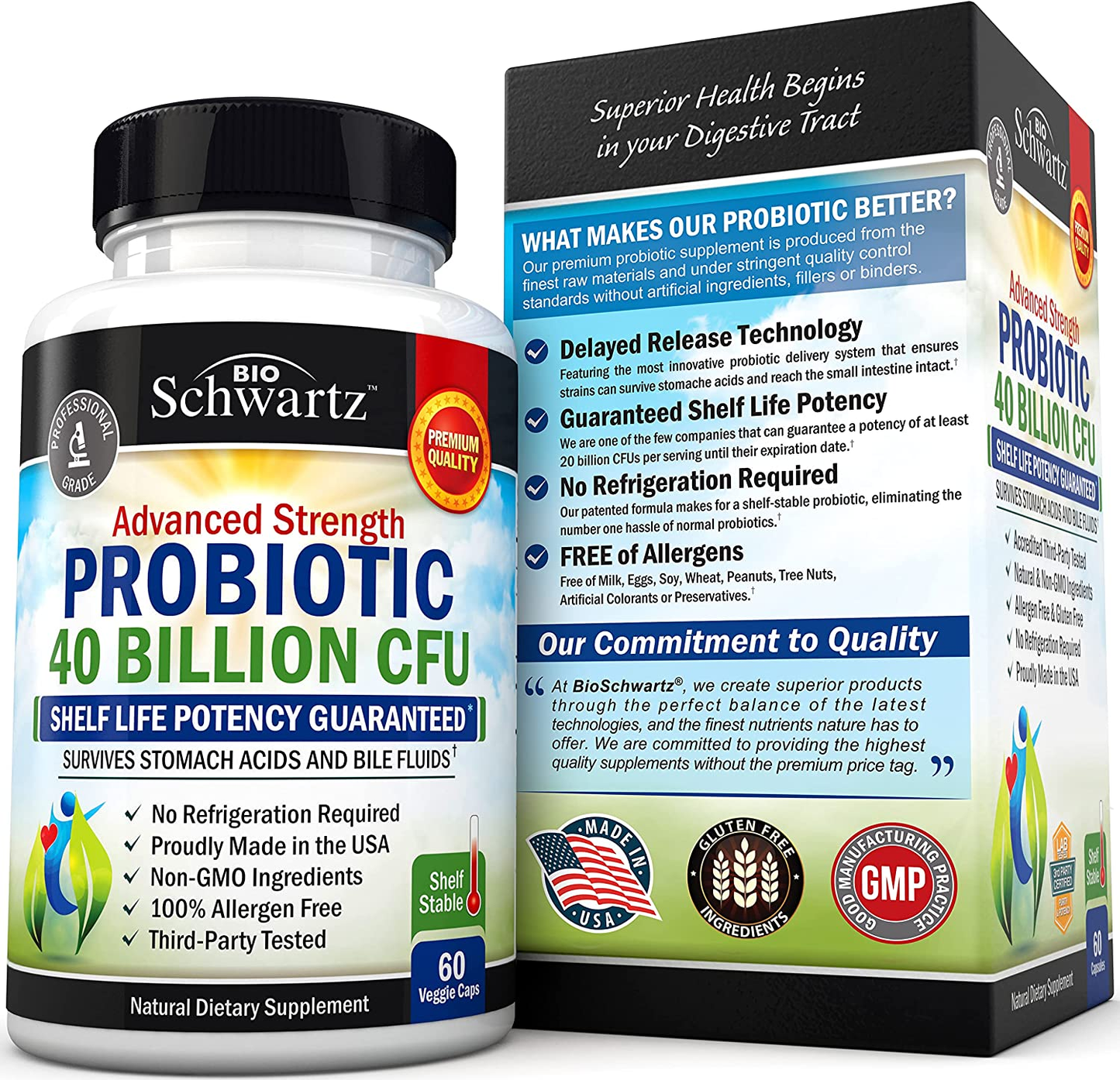 Probiotic 40 Billion CFU - Probiotics for Women & Men - Lactobacillus Acidophilus & Prebiotics - Digestive Health Capsules - Targeted Release Technology - Shelf Stable Supplement Non-Gmo - 60 Count