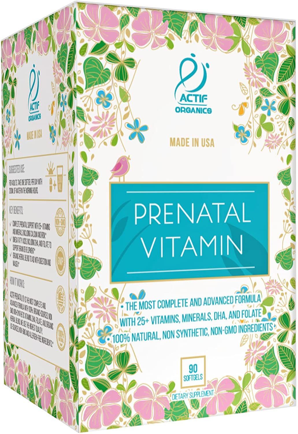 Organic Prenatal Vitamin with 25+ Organic Vitamins, 100% Natural, DHA, EPA, Omega 3, and Organic Herbal Blend - Non-Gmo, 90 Count