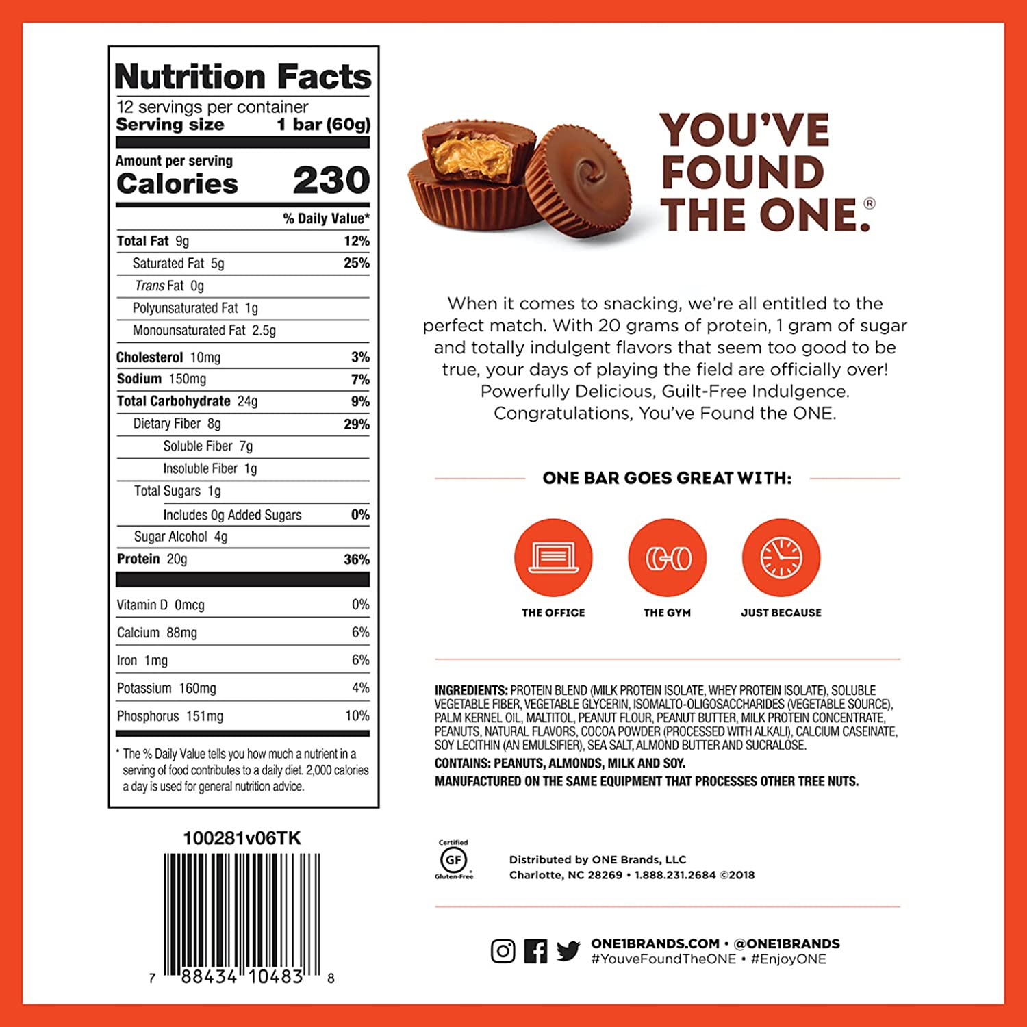 ONE Protein Bars, Peanut Butter Cup, Gluten-Free Protein Bar with 20G Protein and Only 1G Sugar, Snacking for High Protein Diets, 2.12 Ounce (12 Pack)