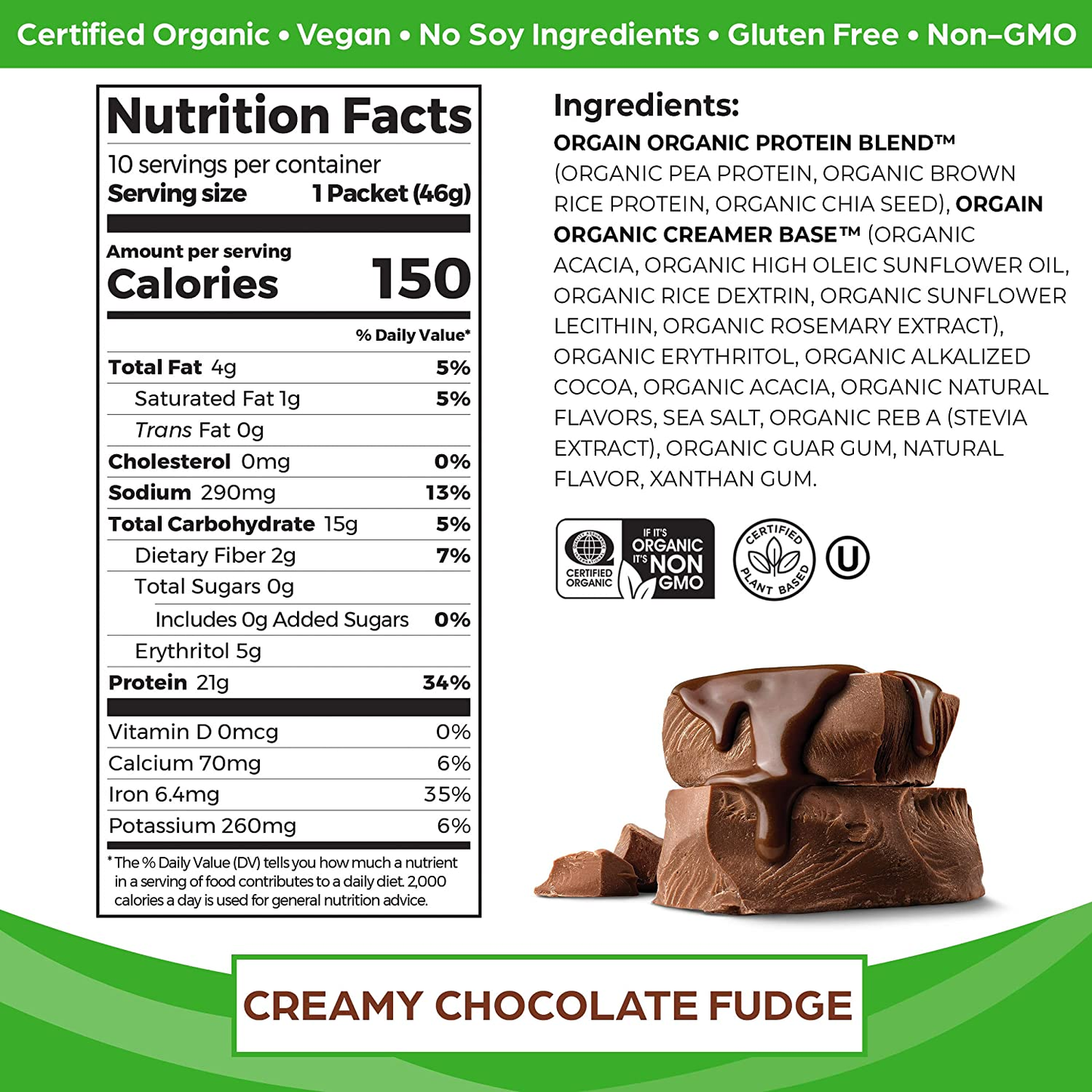 Organic Plant Based Protein Powder Travel Pack, Creamy Chocolate Fudge - 21G of Protein, 6G of Fiber, No Dairy, Gluten, Soy or Added Sugar, Non-Gmo, 10 Count