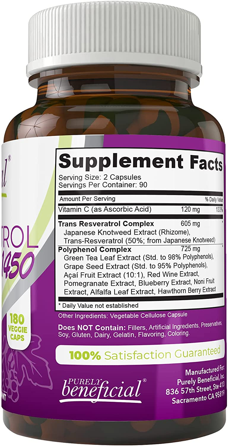 RESVERATROL1450 - 90Day Supply, 1450Mg per Serving of Potent Antioxidants & Trans-Resveratrol, Promotes Anti-Aging, Cardiovascular Support, Maximum Benefits (1Bottle)