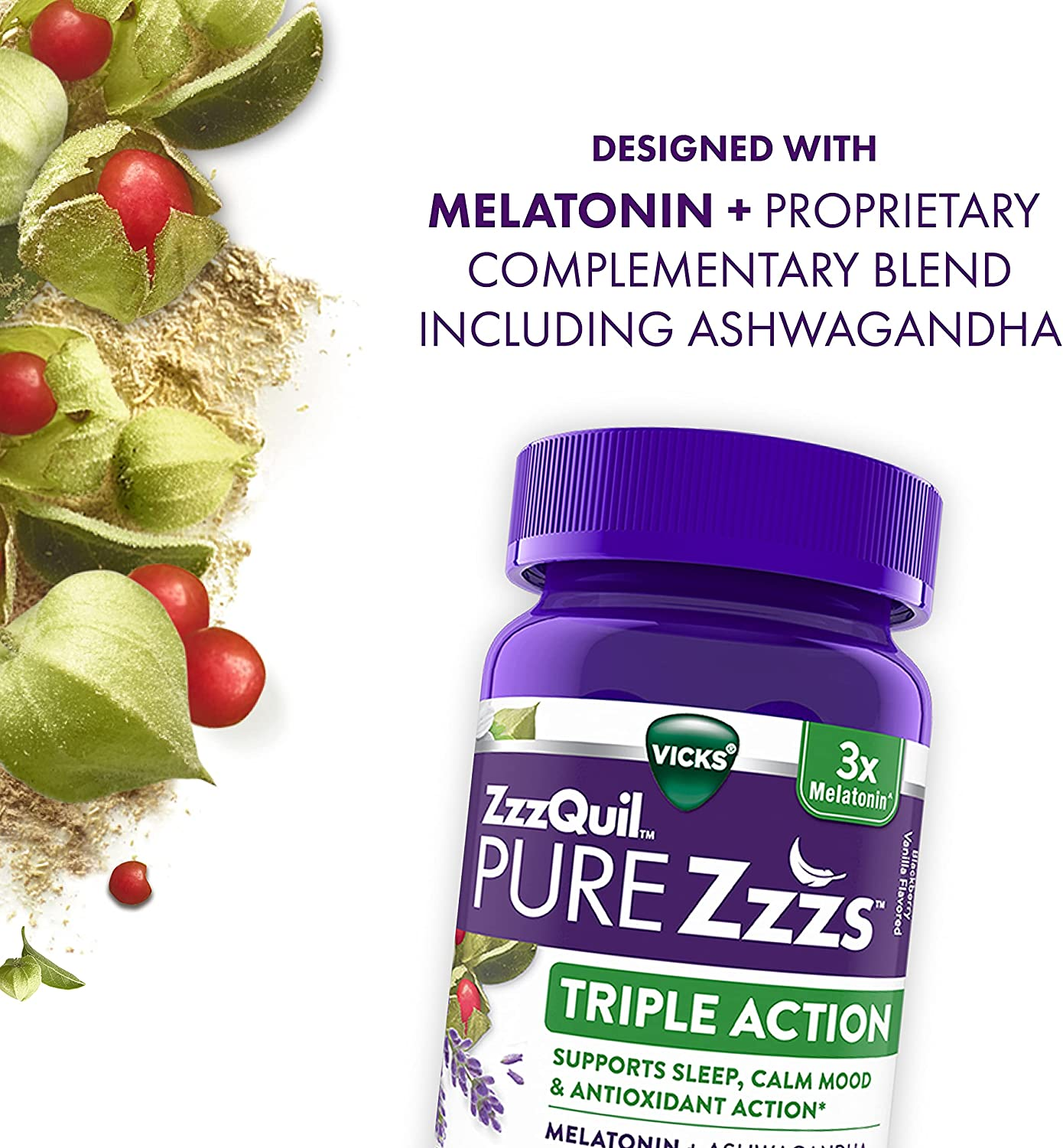 PURE Zzzs Triple Action, 6Mg Melatonin Gummies, 3X Melatonin Sleep Aid with Ashwagandha, Calm Mood & Antioxidant Action, Sleep Aids for Adults, 6 Mg per Serving, 60 Count