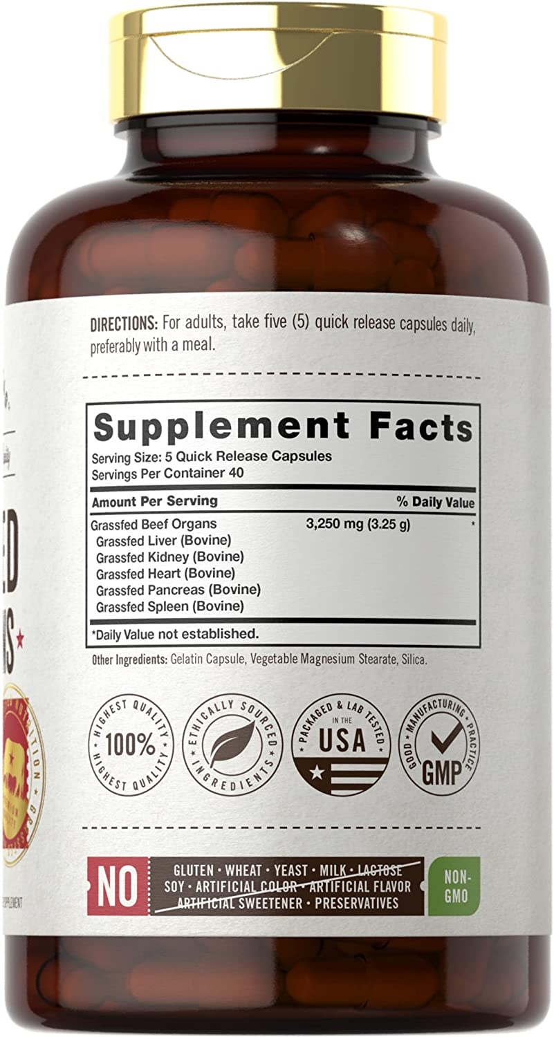 Grassfed Beef Organs Capsules 3250Mg | 200 Count | Desiccated Liver, Kidney, Pancreas, Heart, Spleen Supplement | Non-Gmo, Gluten Free | by Herbage Farmstead