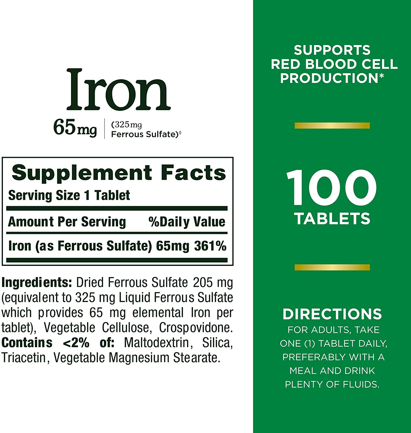 Nature’S Bounty Iron 65Mg, 325 Mg Ferrous Sulfate, Cellular Energy Support, Promotes Normal Red Blood Cell Production, 100 Tablets