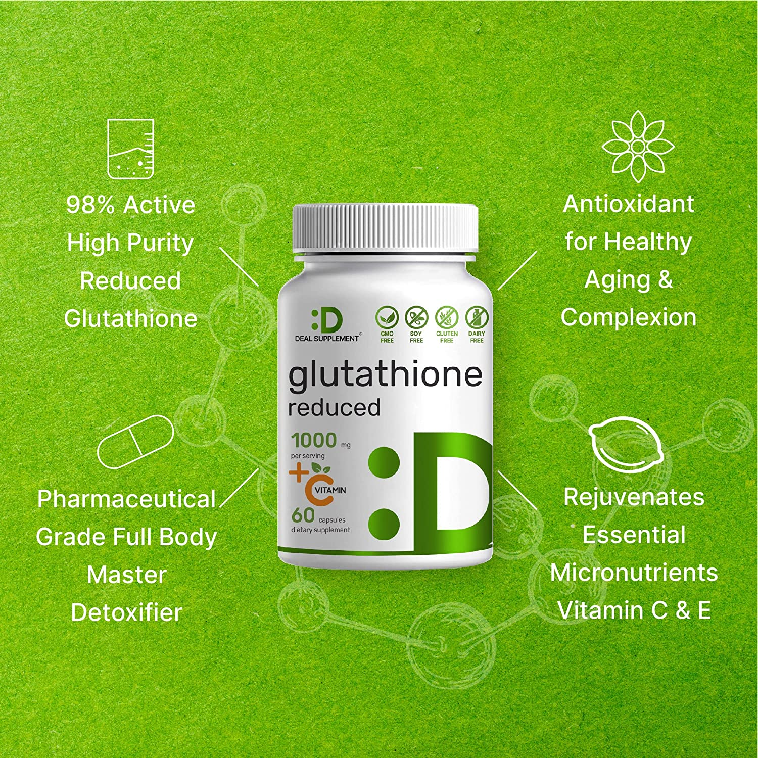 Glutathione Supplement 1000Mg per Serving, 98% Purity | plus Vitamin C 500Mg, Active Reduced Form (GSH) | 60 Capsules - Intracellular Antioxidant, Detoxification* Support, Immune & Skin Whitening