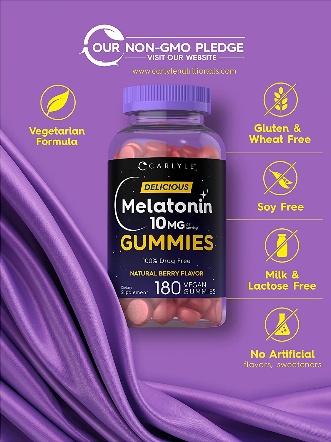 Melatonin Gummies 10Mg | 180 Count | Adult Drug Free Aid | Natural Berry Flavor | Vegan, Non-Gmo, Gluten Free | by