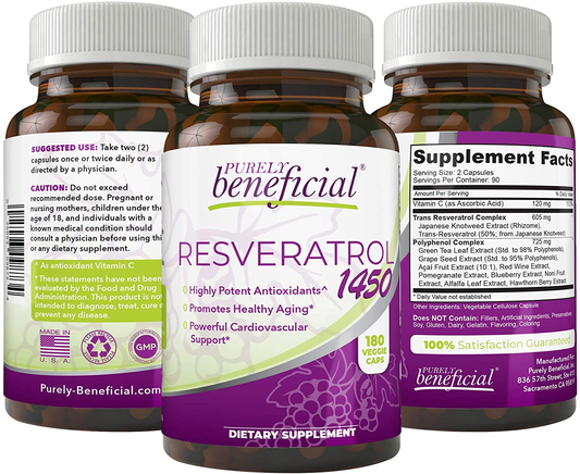 RESVERATROL1450 - 90Day Supply, 1450Mg per Serving of Potent Antioxidants & Trans-Resveratrol, Promotes Anti-Aging, Cardiovascular Support, Maximum Benefits (1Bottle)