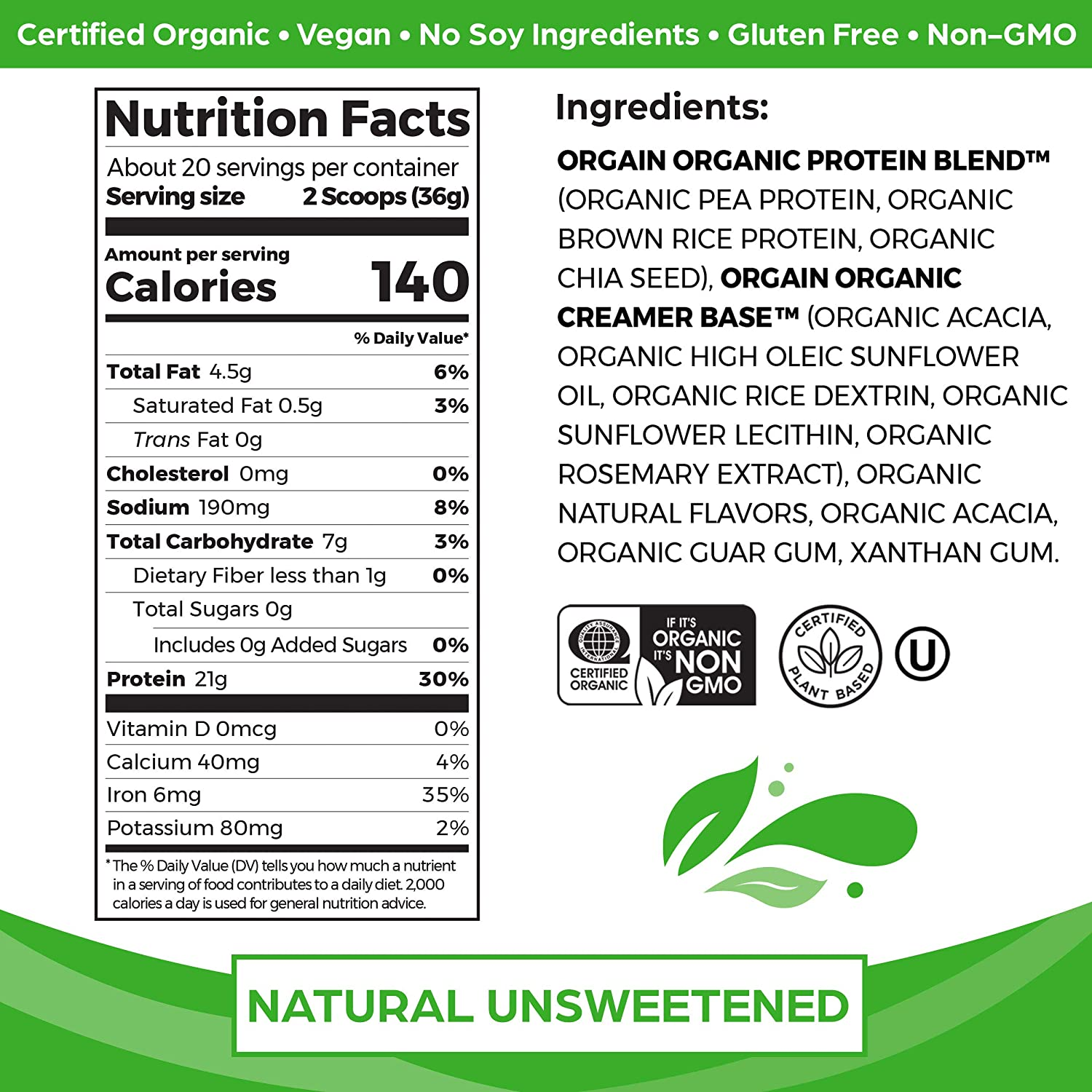 Organic Unflavored Plant Based Protein Powder, Natural Unsweetened - 21G of Protein, Vegan, Non Dairy, Gluten Free, No Sugar Added, Soy Free, Non-Gmo, 1.59 Lb (Packaging May Vary)