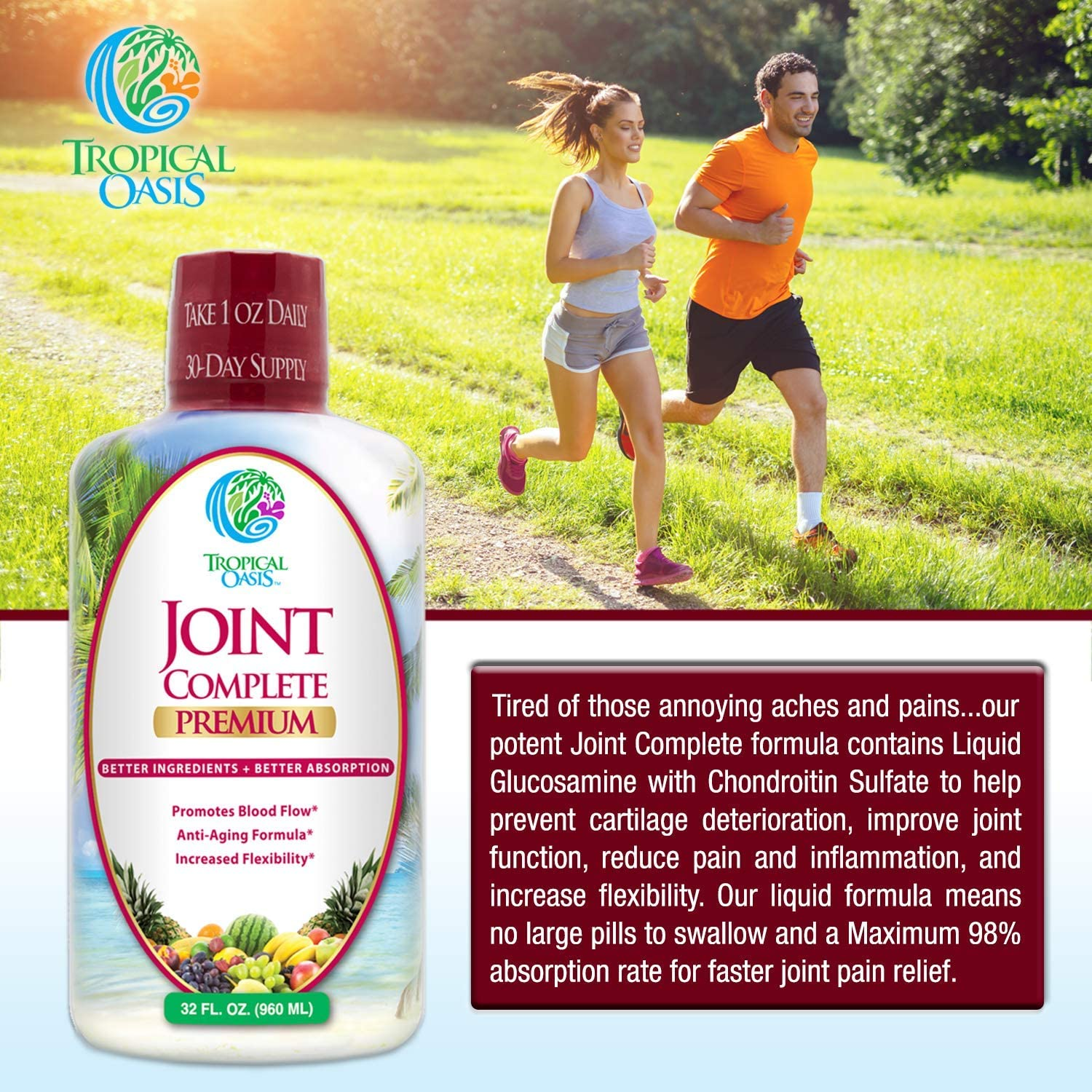 Joint Complete Premium- Liquid Joint Supplement W/Glucosamine, Chondroitin, MSM, Hyaluronic Acid – for Bone, Joint Health, Joint Pain Relief - 96% Max Absorption– 32Oz, 32 Serv