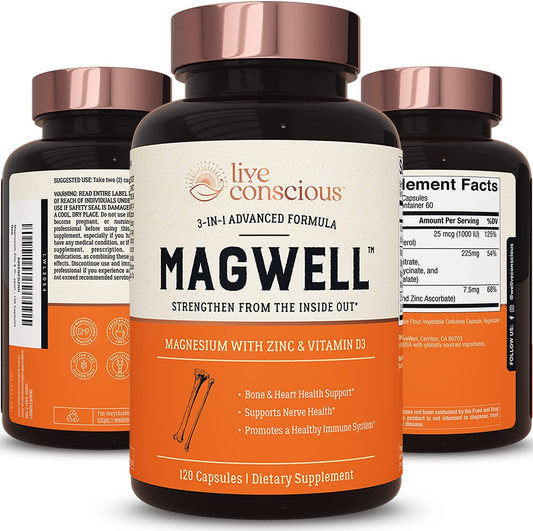 Magnesium Zinc & Vitamin D3 - Most Bioavailable Forms of Magnesium - Malate, Glycinate, Citrate - Magwell by Livewell | Bone & Heart Health, Immune System Support - 120 Capsules