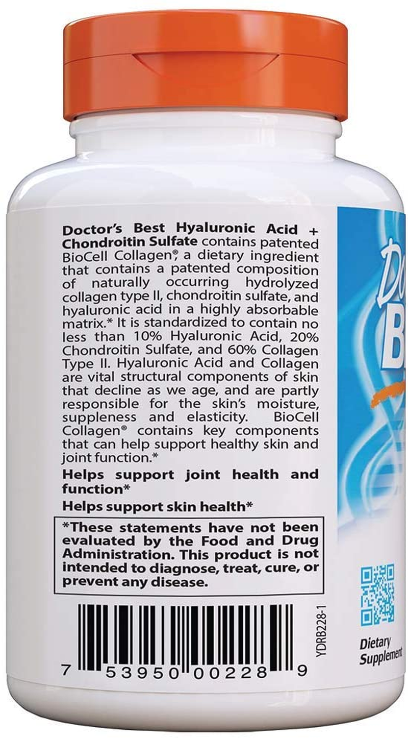 Hyaluronic Acid with Chondroitin Sulfate, Featuring Biocell Collagen, Non-Gmo, Gluten Free, Soy Free, Joint Support, 180 Count (Pack of 1)