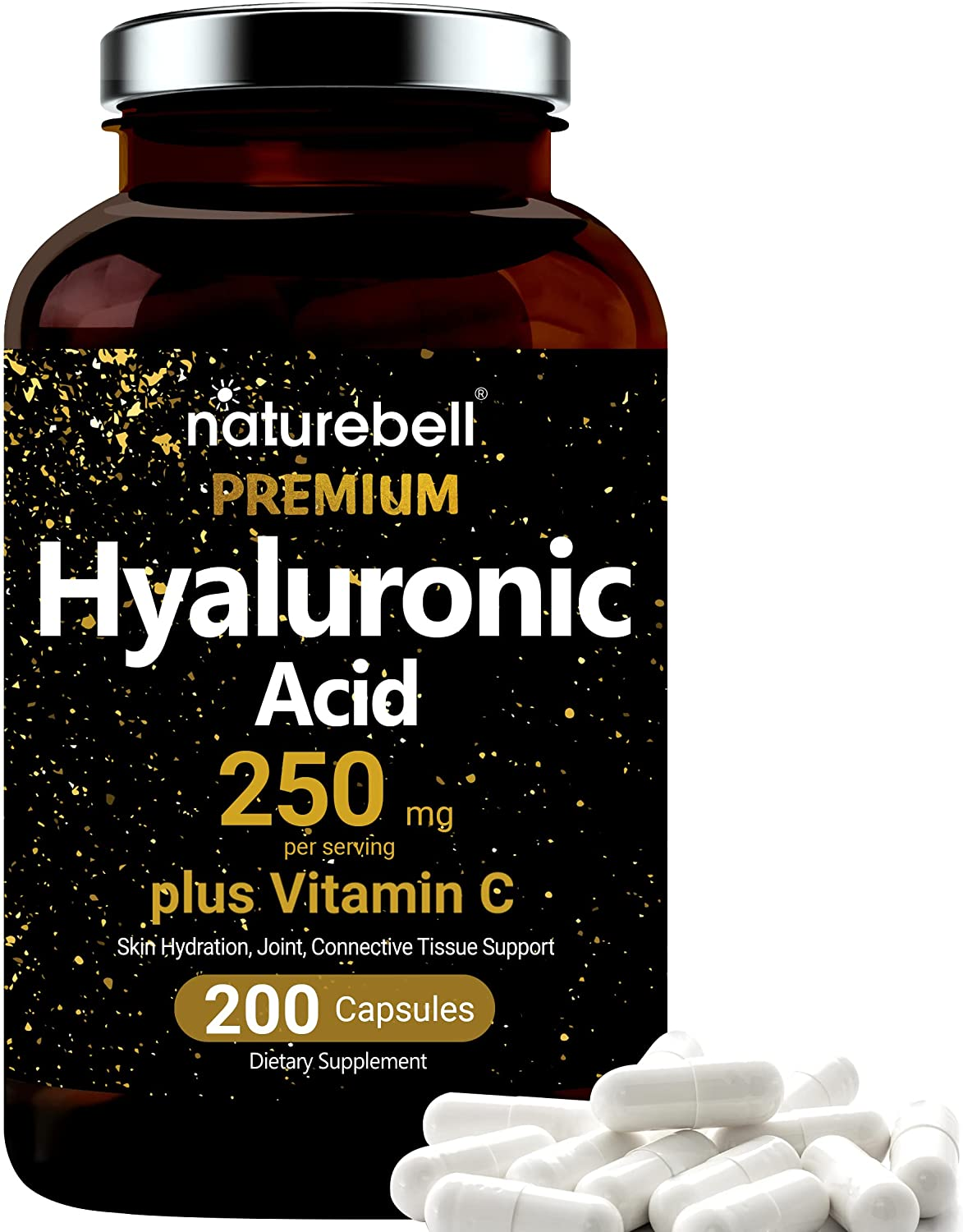 Plant Based Hyaluronic Acid Supplements, 250Mg Hyaluronic Acid with 25Mg Vitamin C per Serving, 200 Capsules, 2 in 1 Formula, Supports Skin Hydration, Joints Lubrication and Antioxidant