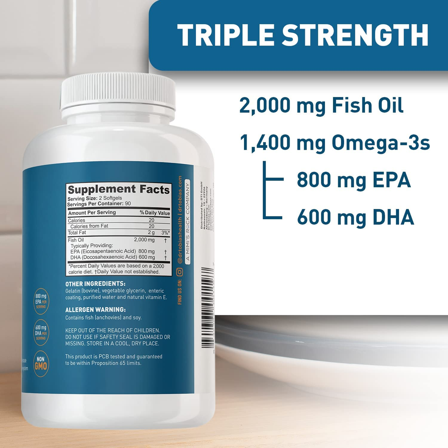 Omega 3 Fish Oil – Triple Strength Dietary Nutritional Supplement – Helps Support Brain & Heart Health, Includes EPA & DHA – 2000 Mg per Serving, 60 Soft Gel Capsules