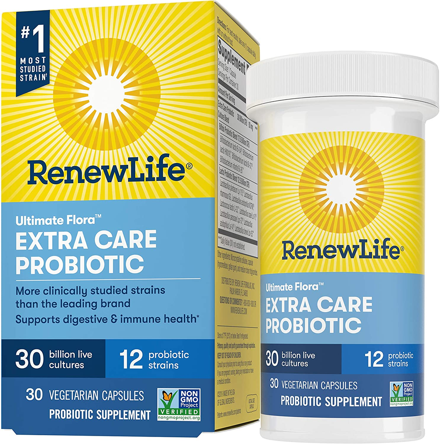 Probiotics 30 Billion CFU Guaranteed, 12 Strains, for Men & Women, Shelf Stable, Gluten Dairy & Soy Free, 30 Capsules, Ultimate Flora Extra Care - 60 Day Money Back Guarantee