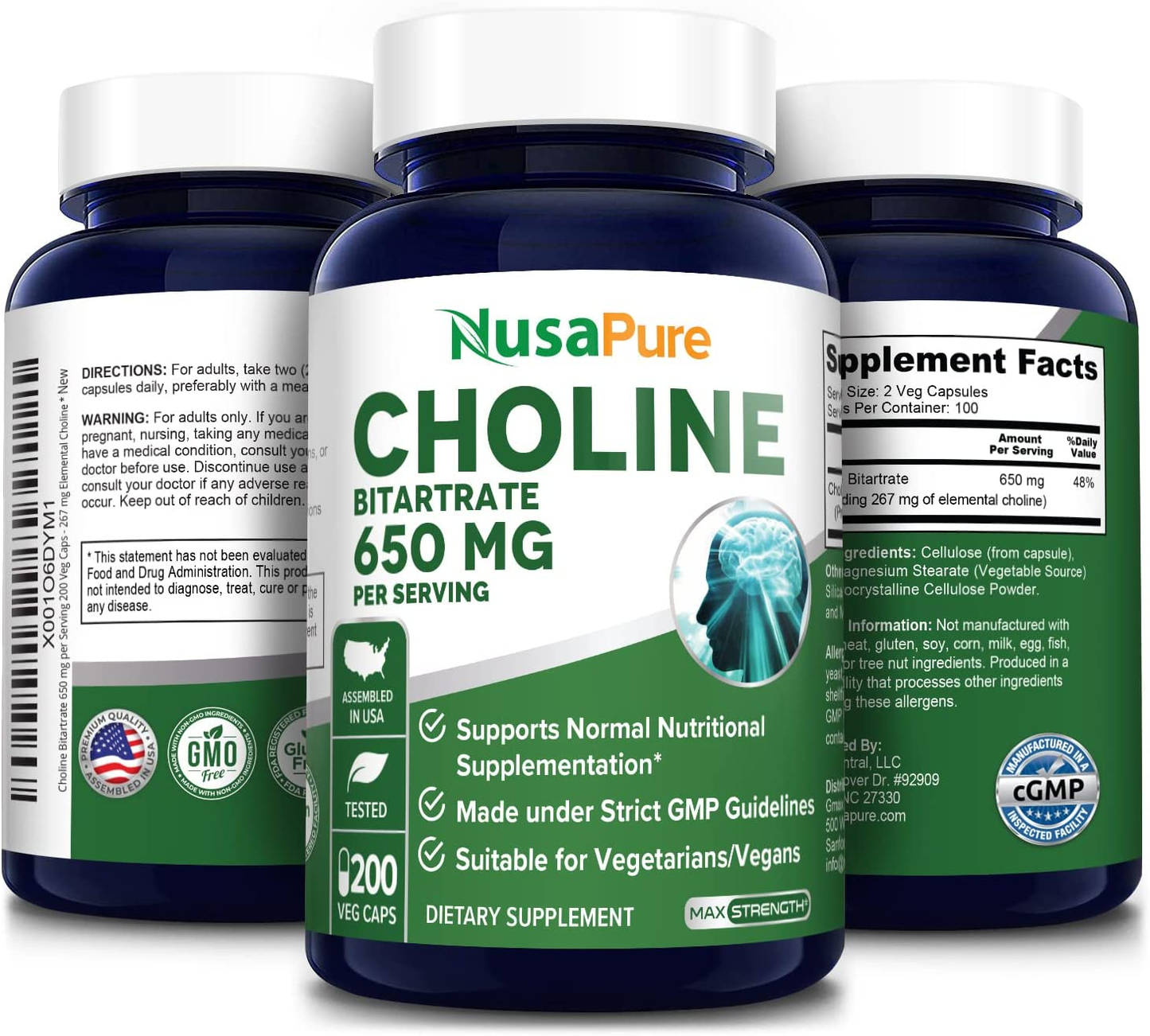 Choline Bitartrate 650 Mg 200 Veggie Capsules ( Vegetarian, Non-Gmo & Gluten-Free)