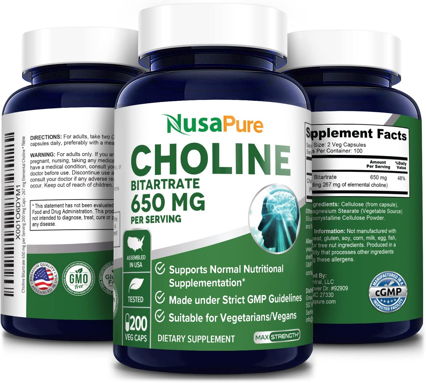 Choline Bitartrate 650 Mg 200 Veggie Capsules ( Vegetarian, Non-Gmo & Gluten-Free)