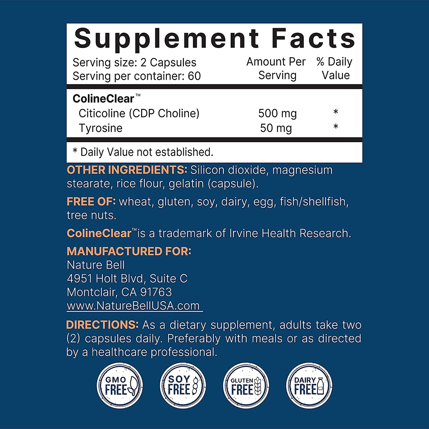 Citicoline Supplements, CDP Choline, Citicoline 500Mg plus Tyrosine 50Mg per Serving, Optimized Dosage, 120 Capsules, 2 in 1 Formula, Dual Action Brain Supplement, Non-Gmo