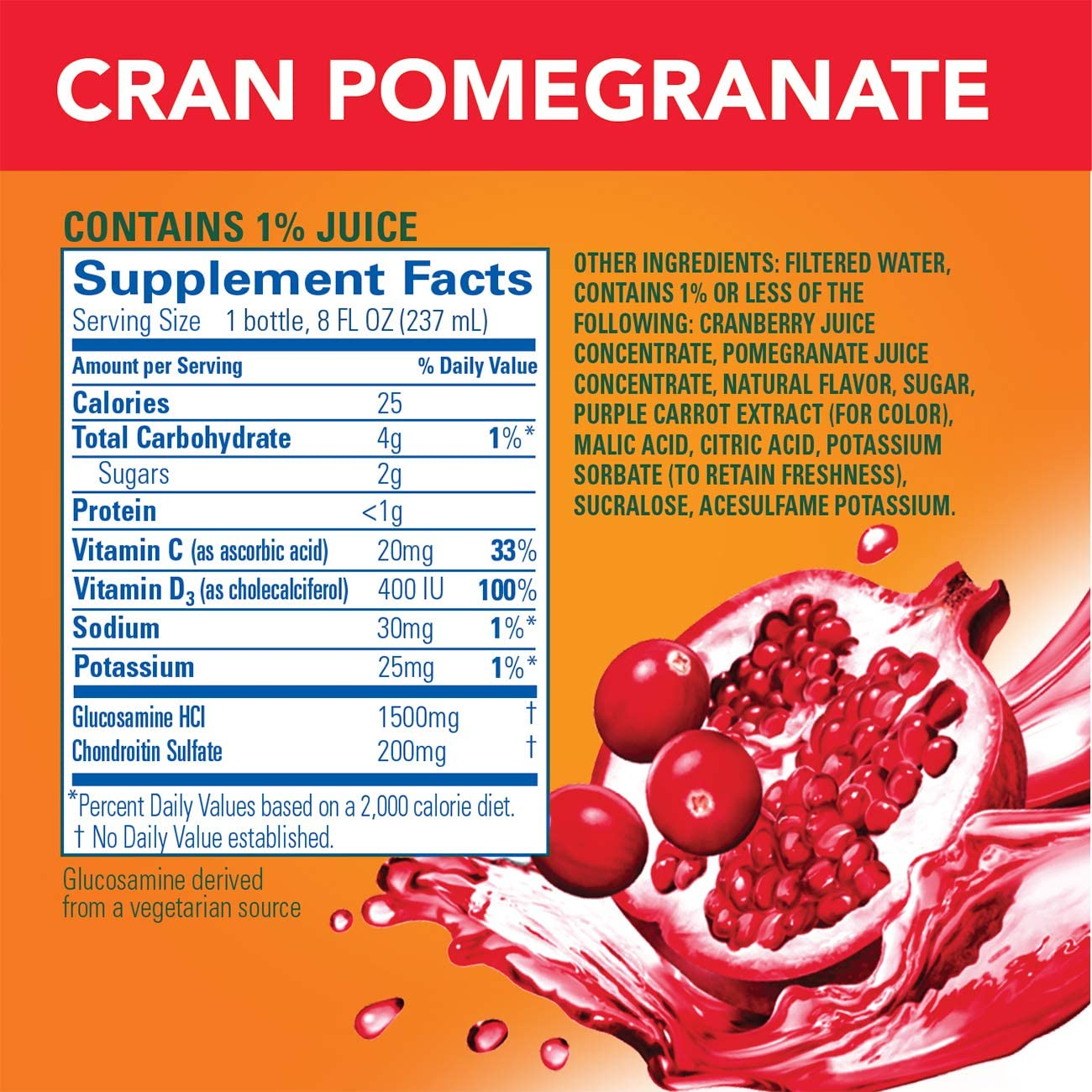 Glucosamine and Chondroitin Supplement, Cranberry Pomegranate, 8 Fl Oz Bottle, (24 Count)