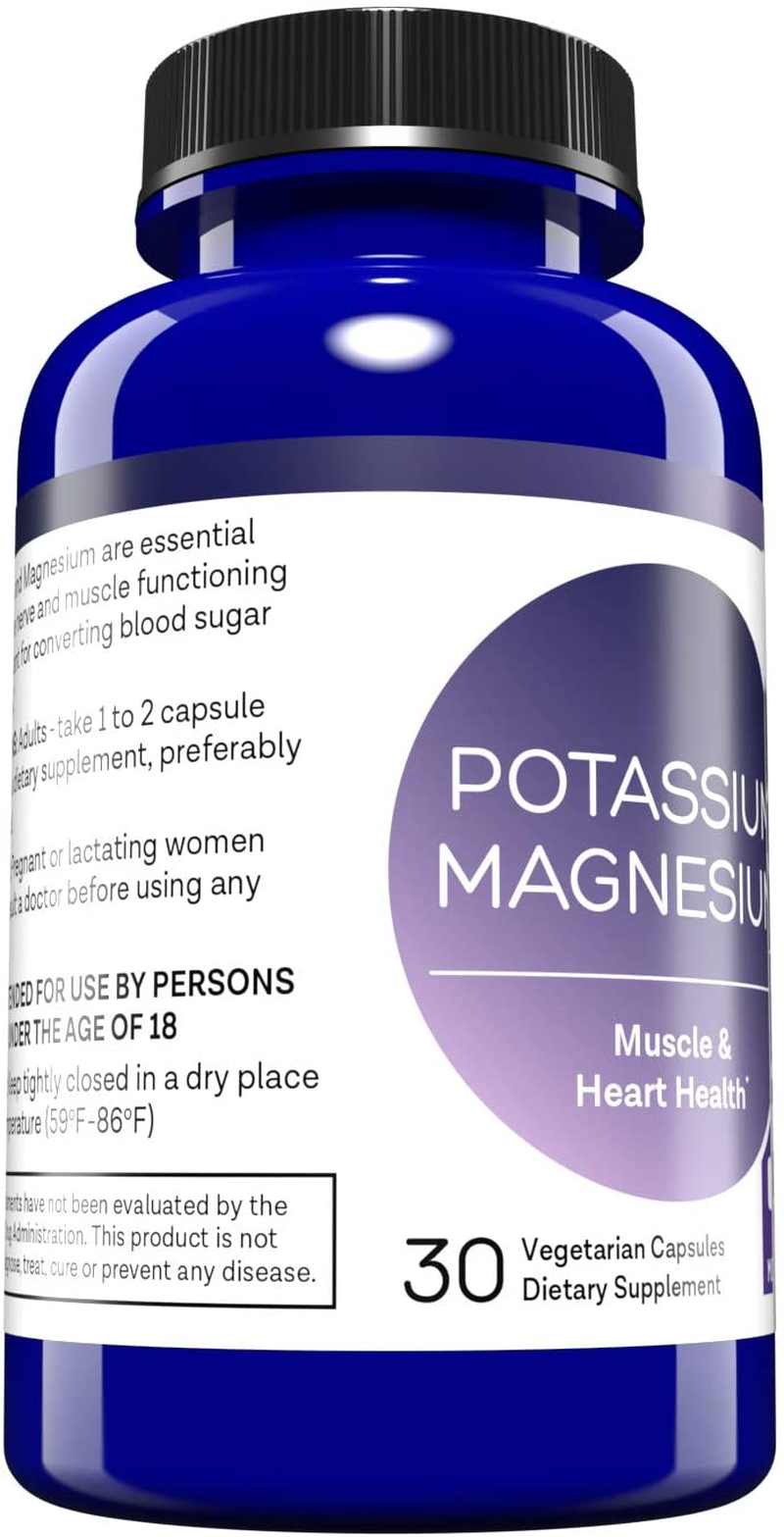 Magnesium Potassium Supplement – 30 Capsules - High Absorption Magnesium Complex – Magnesium and Potassium for Vascular Health, Leg Cramps, Magnesium for Sleep – Non-Gmo