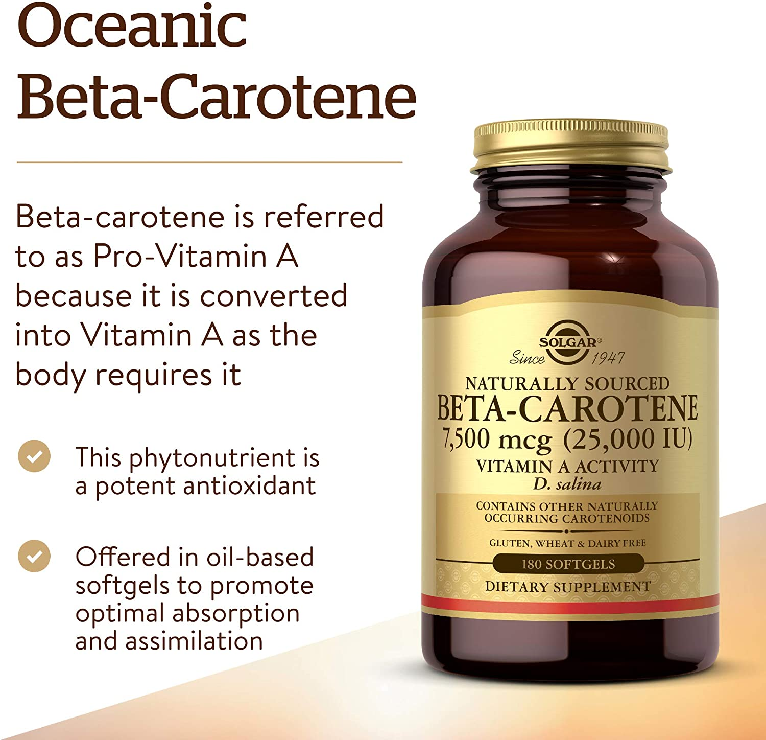 Oceanic Beta-Carotene 25,000 IU, 180 Softgels - Healthy Vision, Skin & Immune System, Potent Antioxidant - 100% Natural Pro-Vitamin a - Gluten Free, Dairy Free - 180 Servings