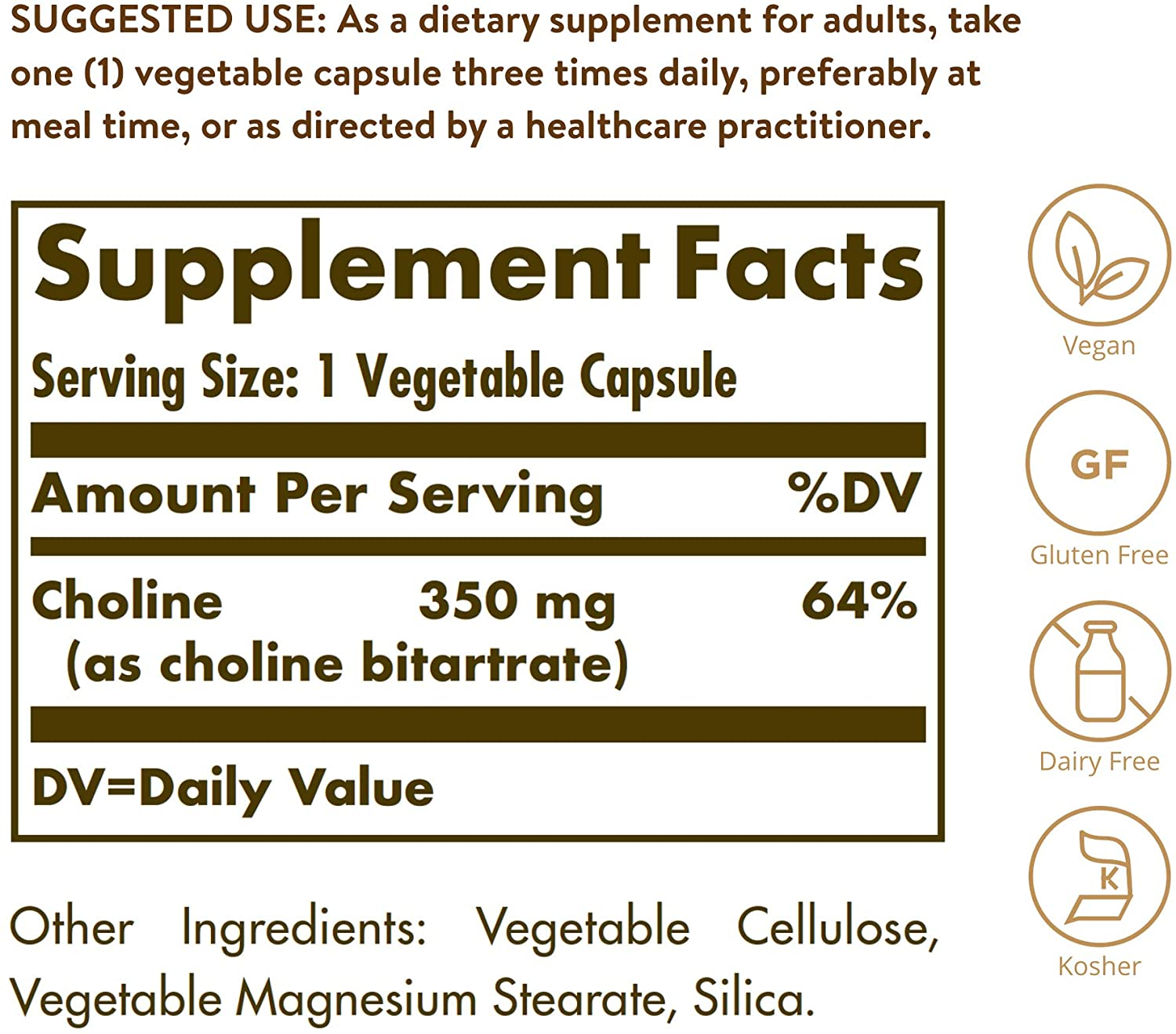 Choline 350 Mg, 100 Vegetable Capsules - Supports Healthy Brain & Cellular Function - Vegan, Gluten Free, Dairy Free, Kosher - 100 Servings