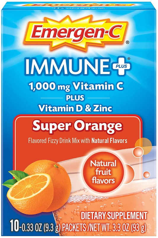 Immune+ 1000Mg Vitamin C Powder, with Vitamin D, Zinc, Antioxidants and Electrolytes for Immunity, Immune Support Dietary Supplement, Super Orange Flavor, 0.33 Ounce (Pack of 10)